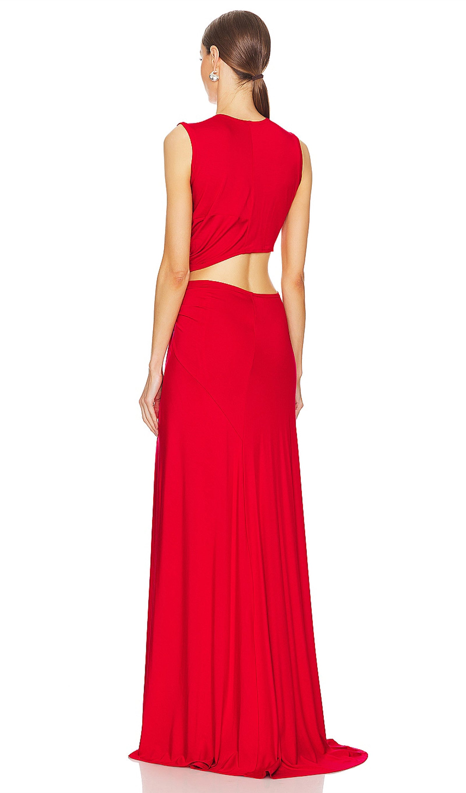 One-Shoulder Cut-Out Maxi Dress-Red