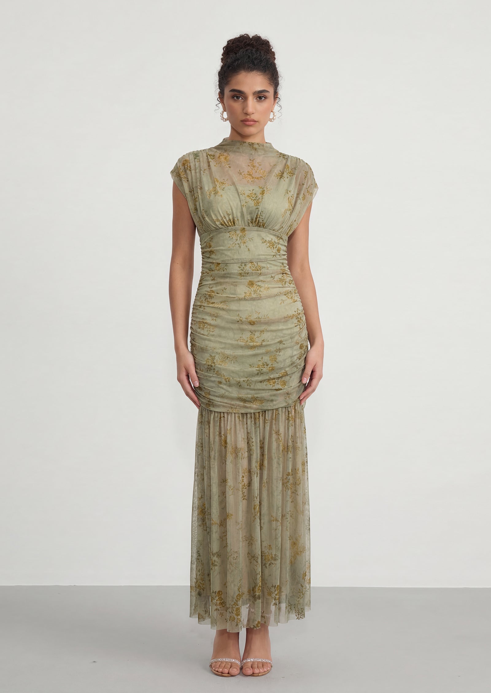 Midikleid in A-Linie mit Blumenmuster und Laternenärmeln