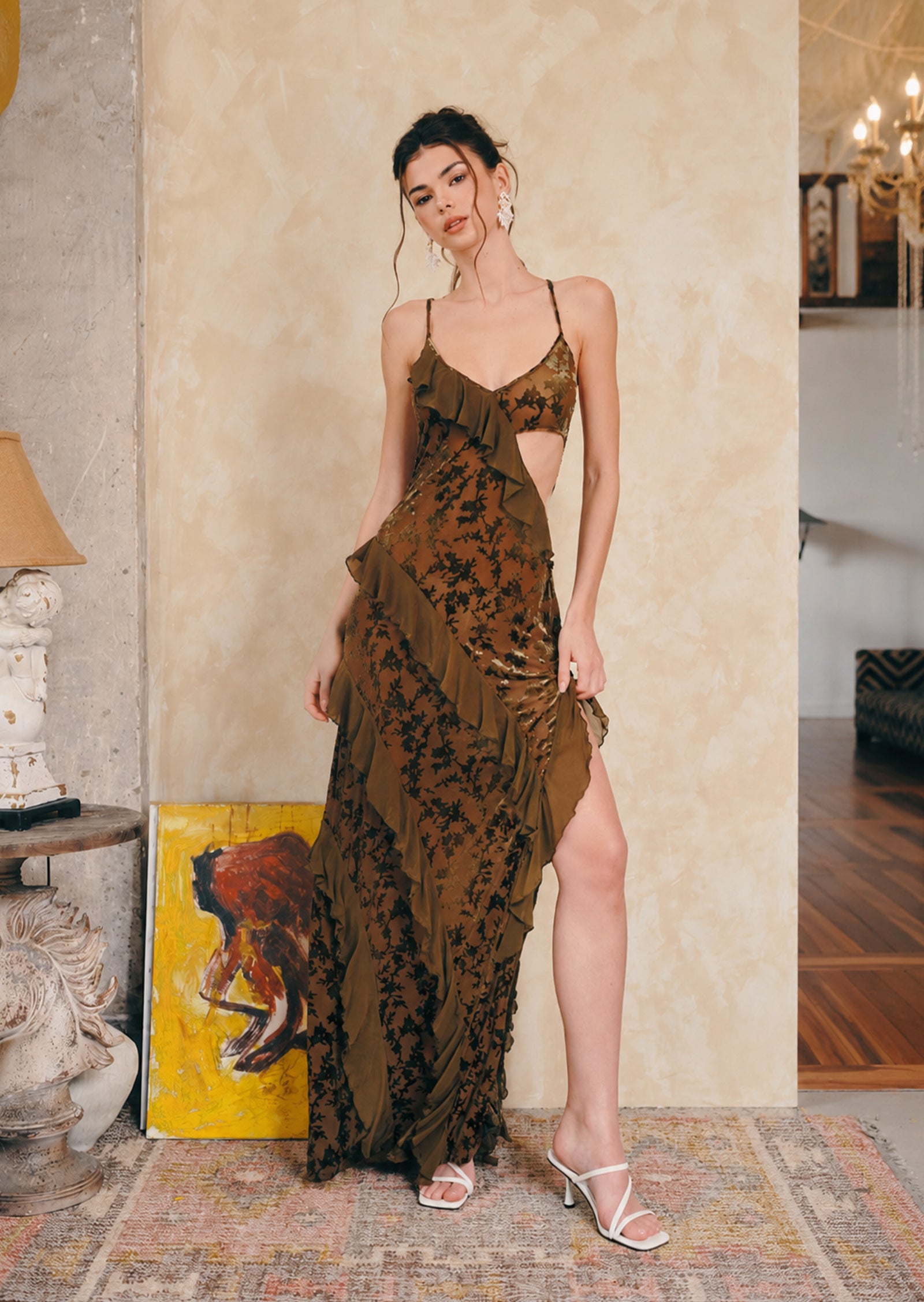 Midikleid in A-Linie mit Blumenmuster und Laternenärmeln