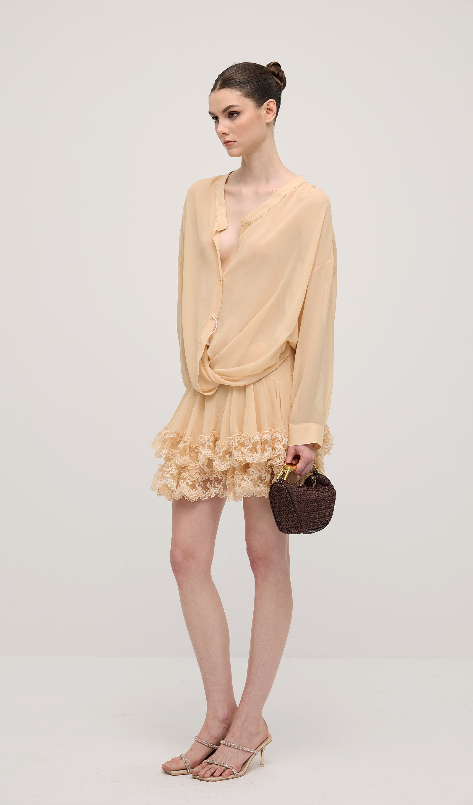 Long Sleeves Layered Folds Mini Dress Set