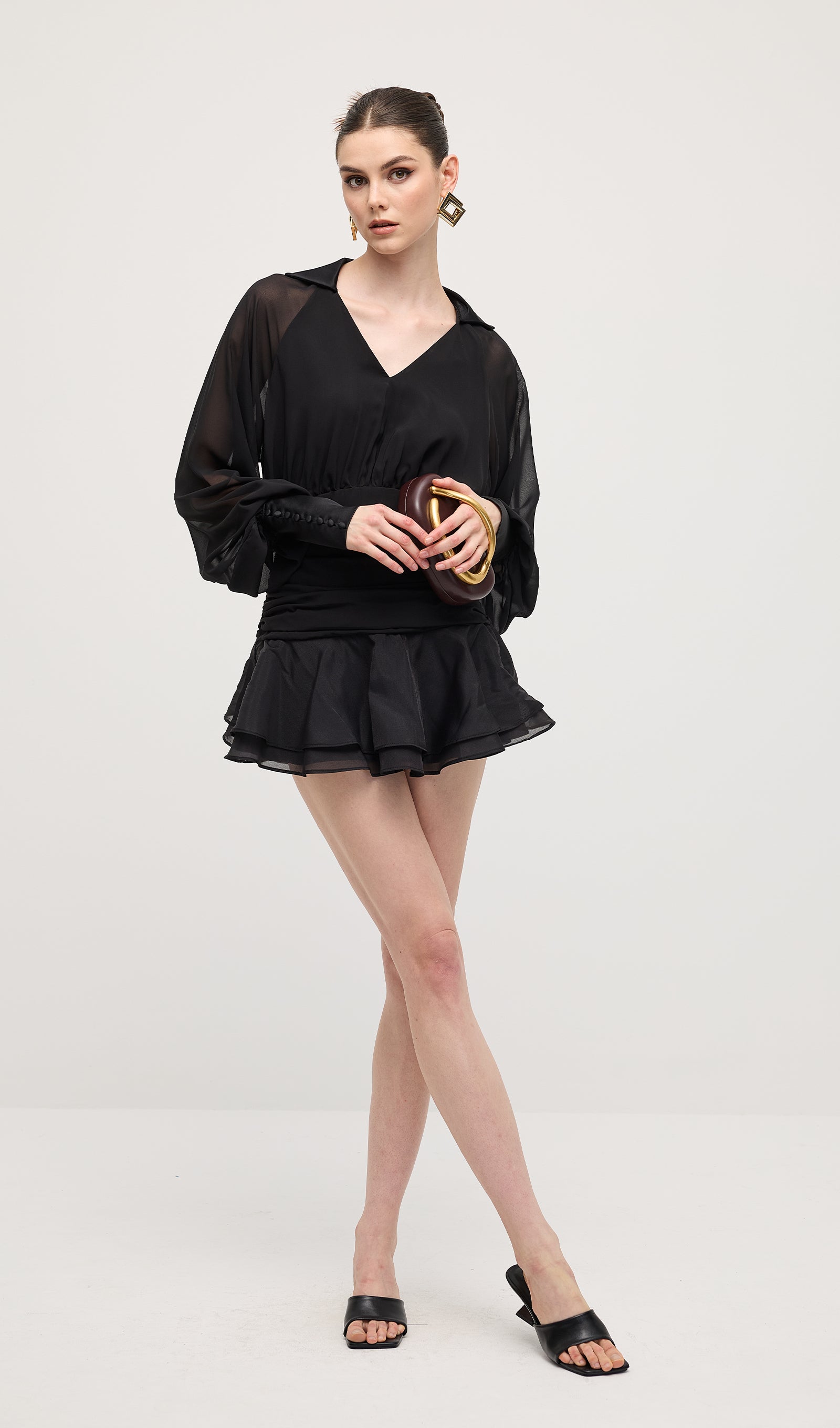 Solid Lantern Sleeve Mini Dress In Black