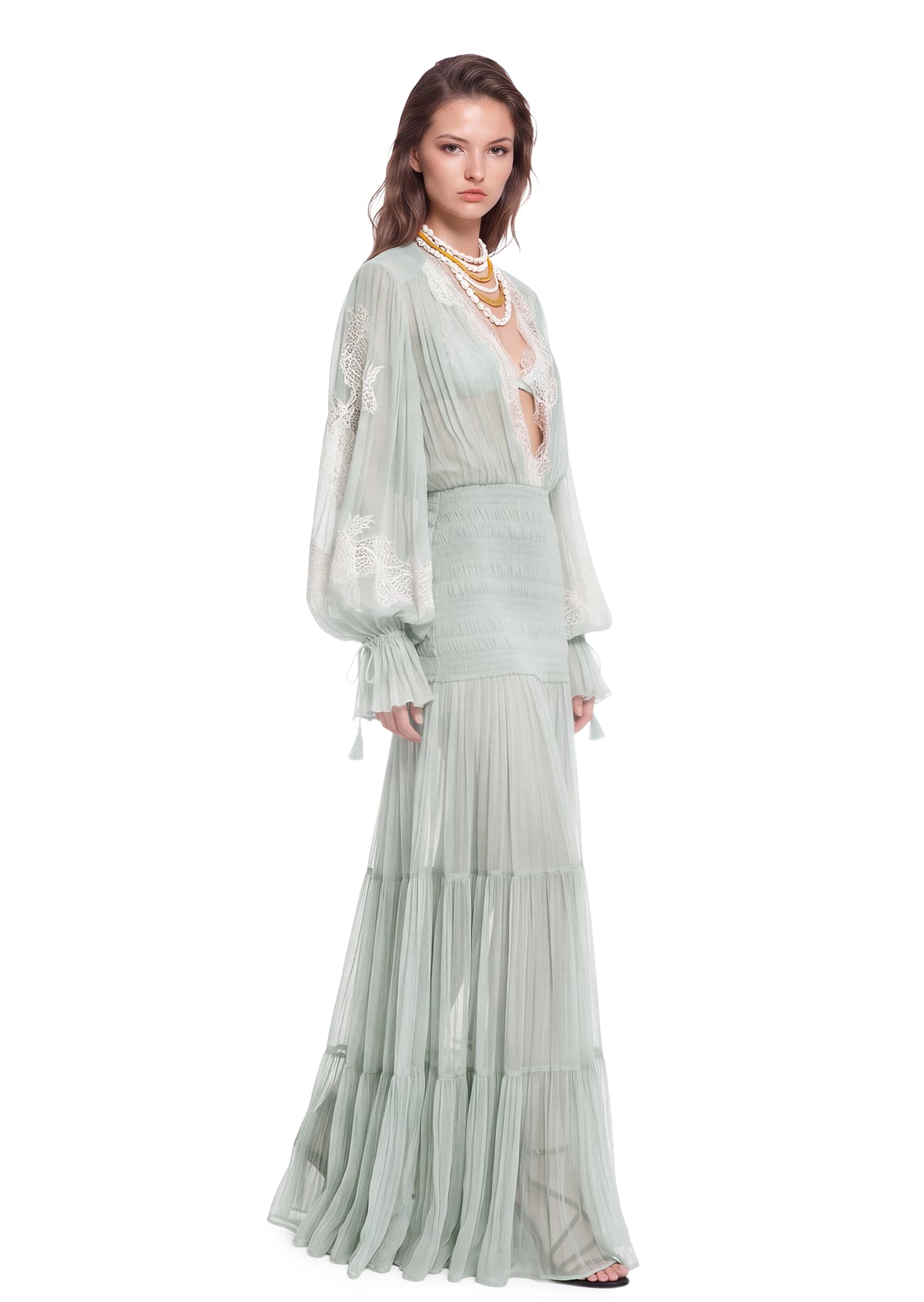 Macario Long Sleeve Lace Maxi Dress  In Light Gray