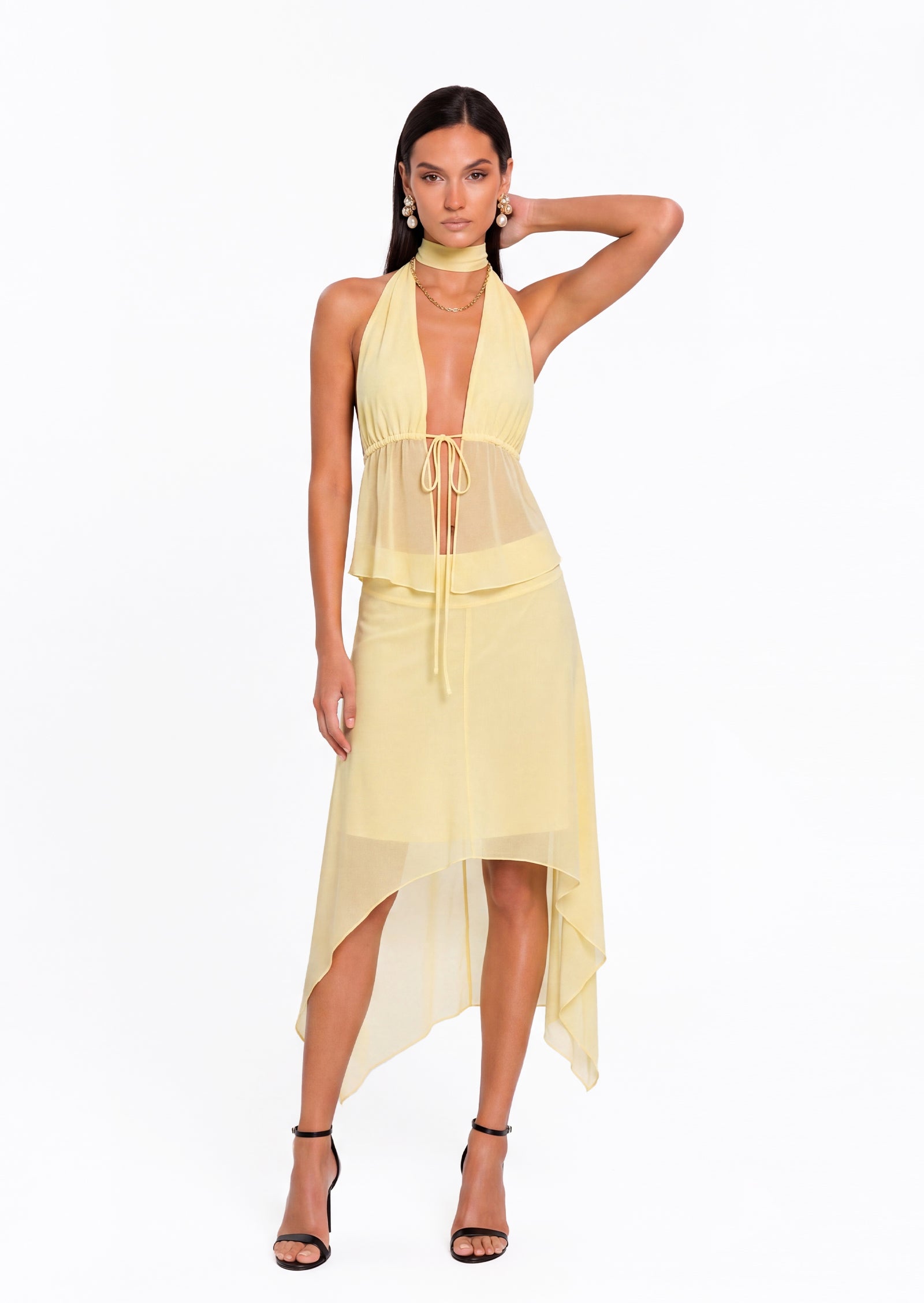 Evaleine Sheer Tulle Two Piece Set In Yellow