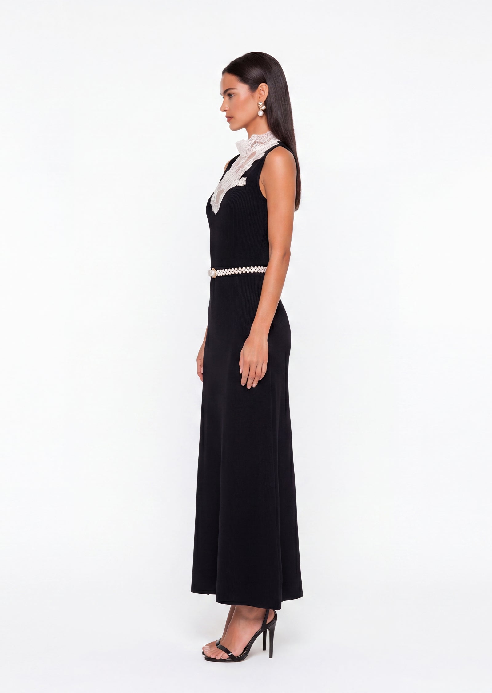Macayle A Line Midi Dress In Black With Lace