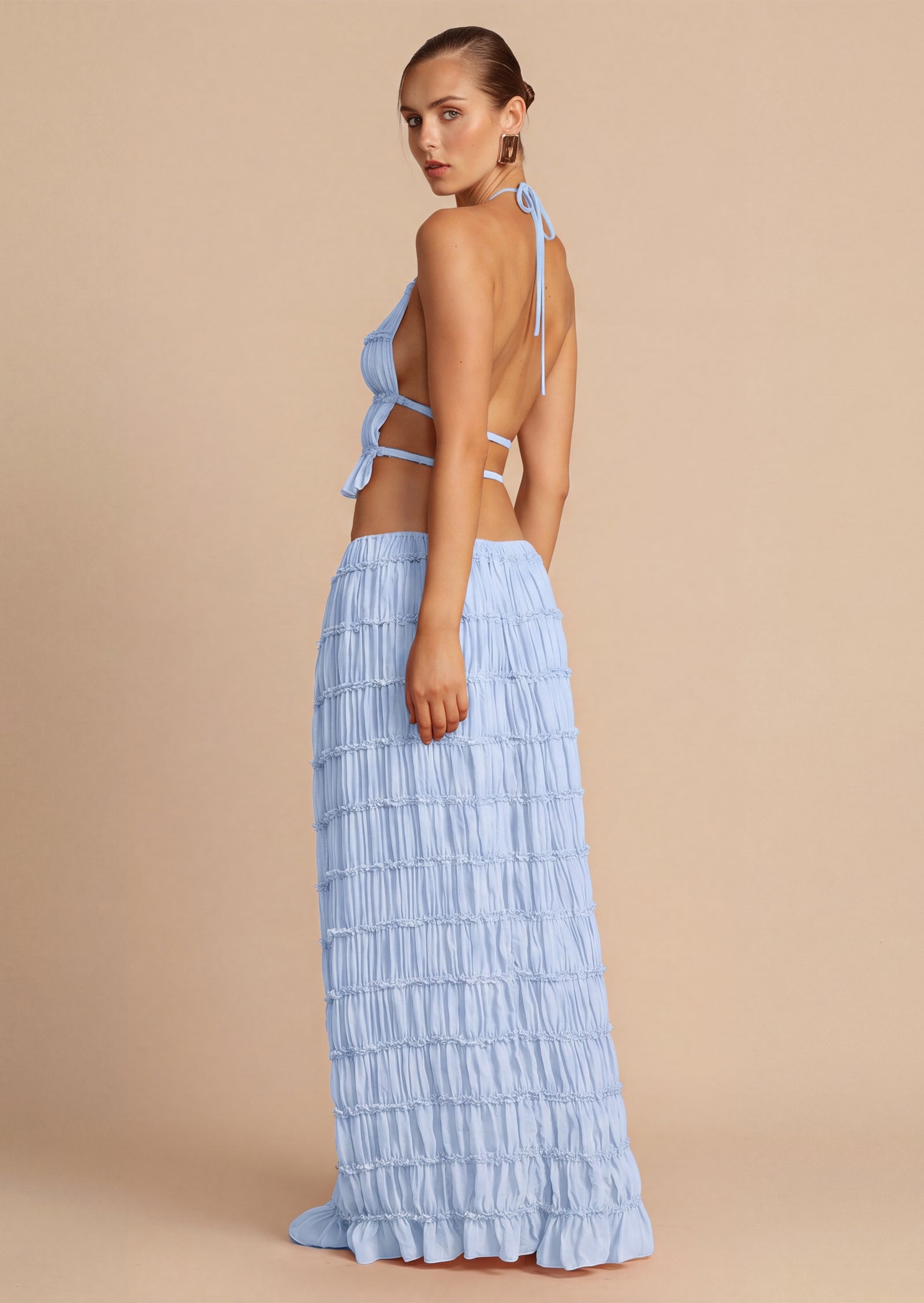 Halter Top & Ruched Detail Maxi Skirt Sets