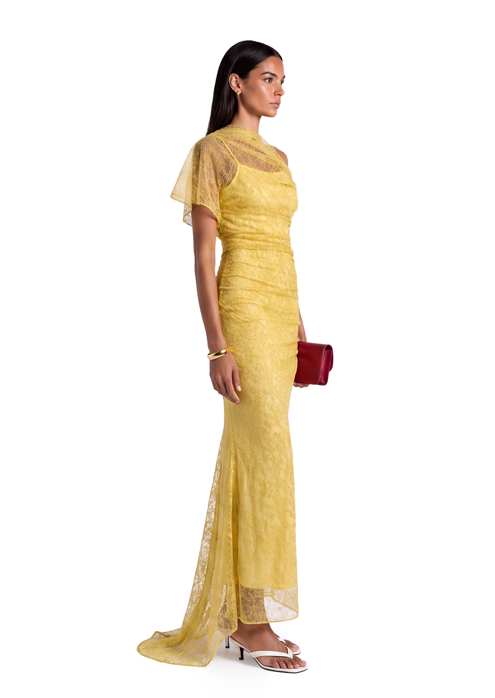 Kabecka One Sleeve Lace Midi Sress In Yellow