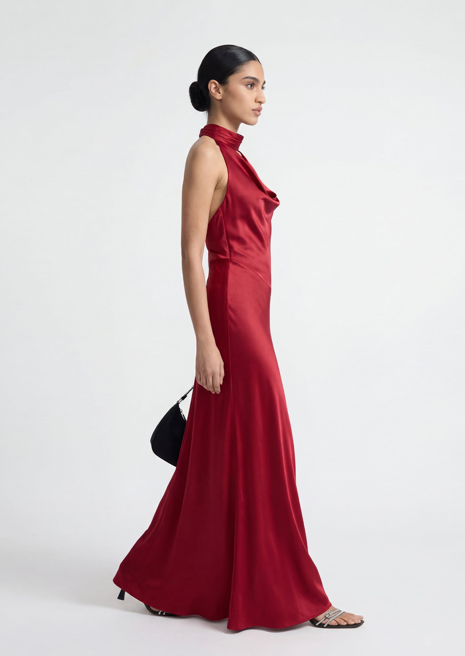 Satin Pearl Decor Maxi Dress In Red