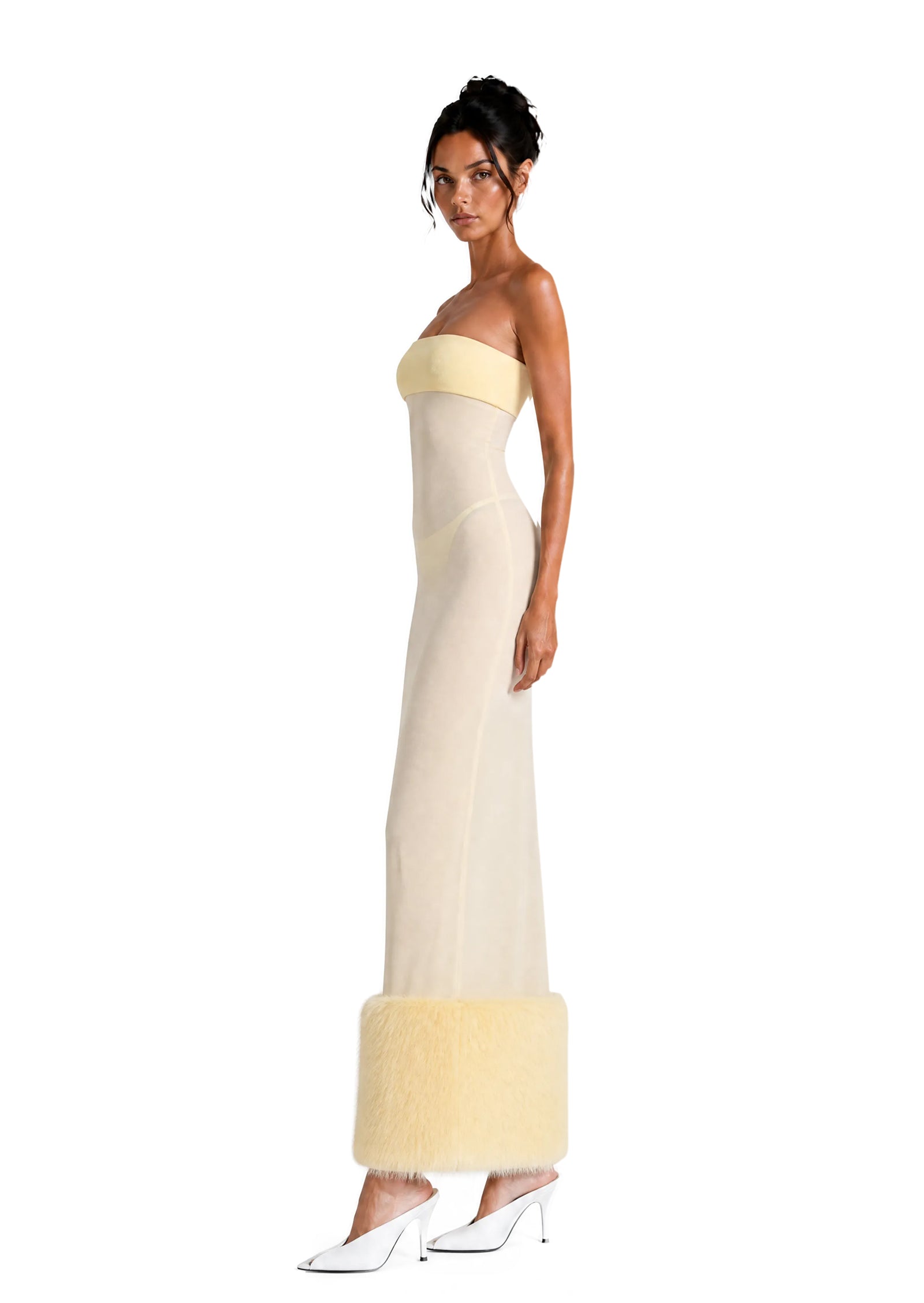 Caesar Strapless Sheer Midi Dress In Yellow