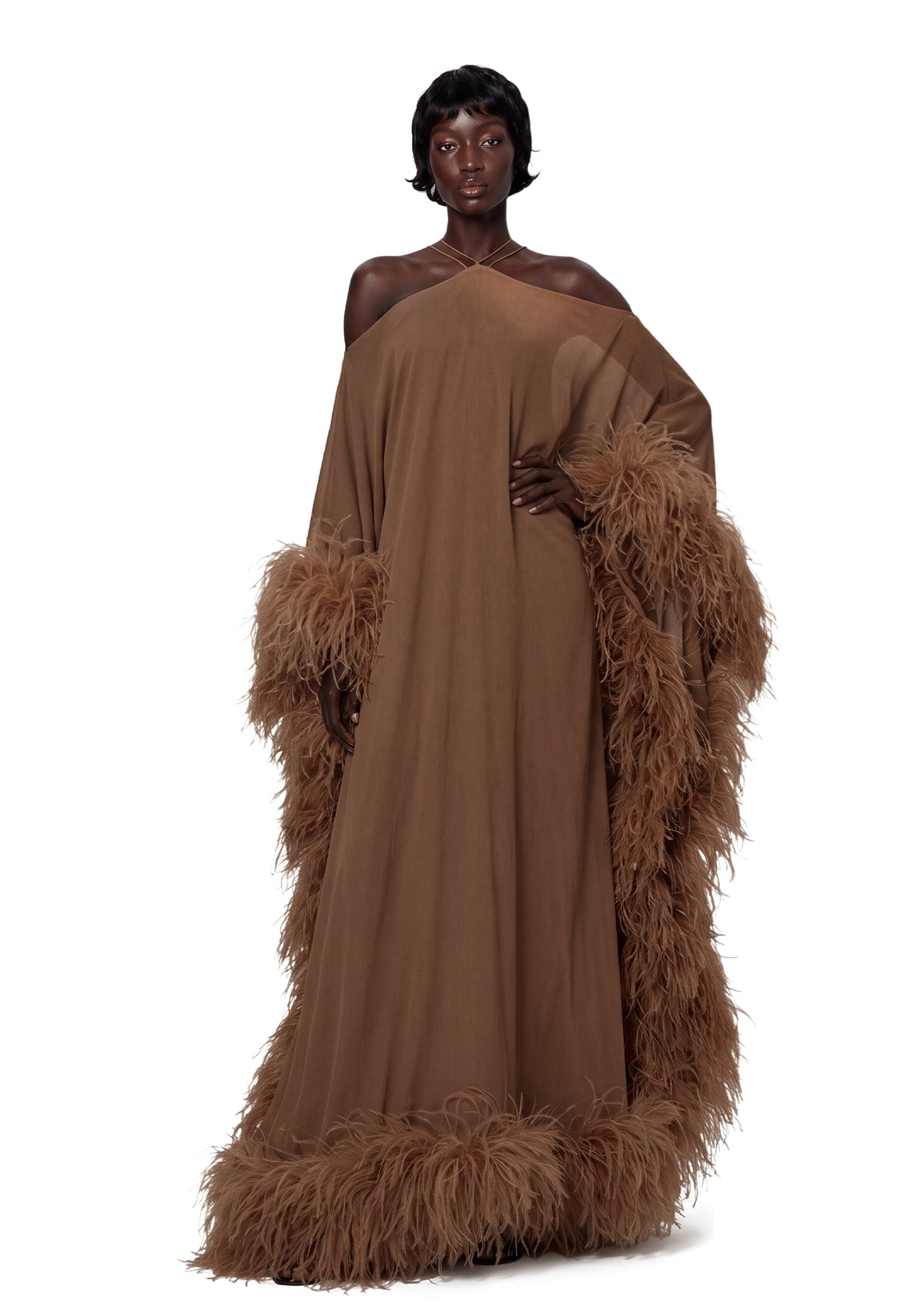Paget Halter Neck Ostrich Feather Maxi Dress In Camel