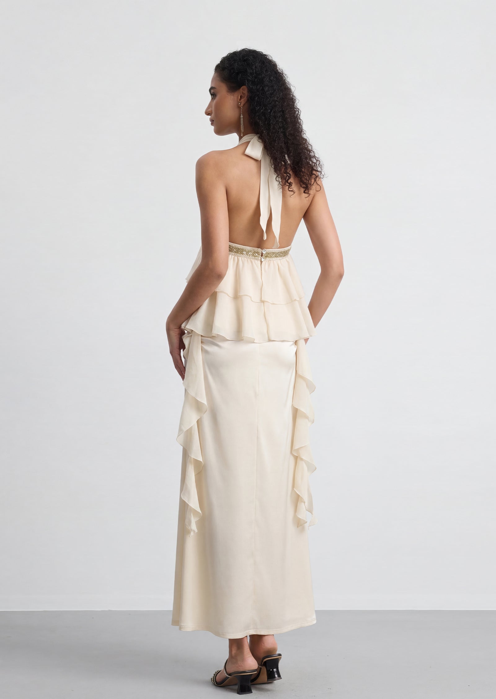 Romelle Halter Ruffled Top & Maxi Satin Skirt Set