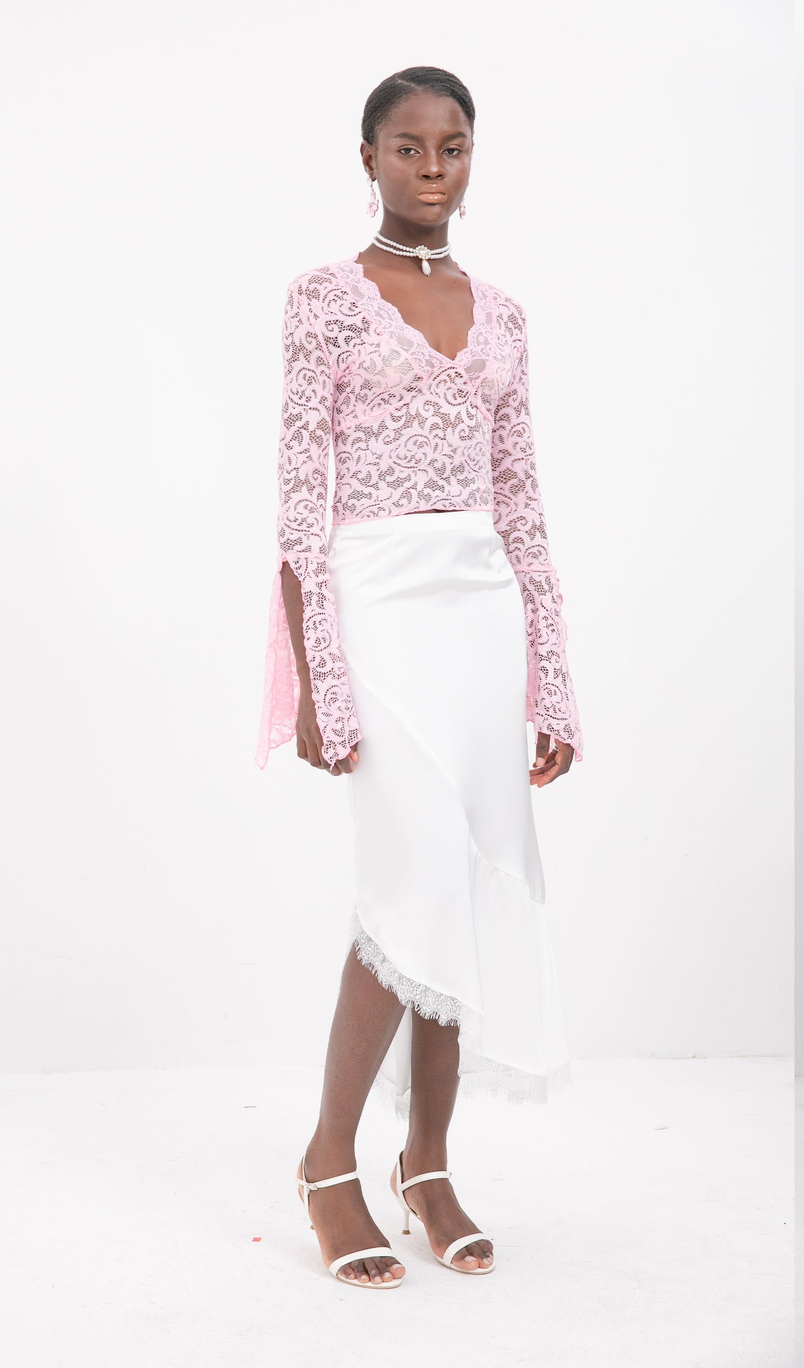 Trendy Satin Lace-Trim Midi Skirt-White