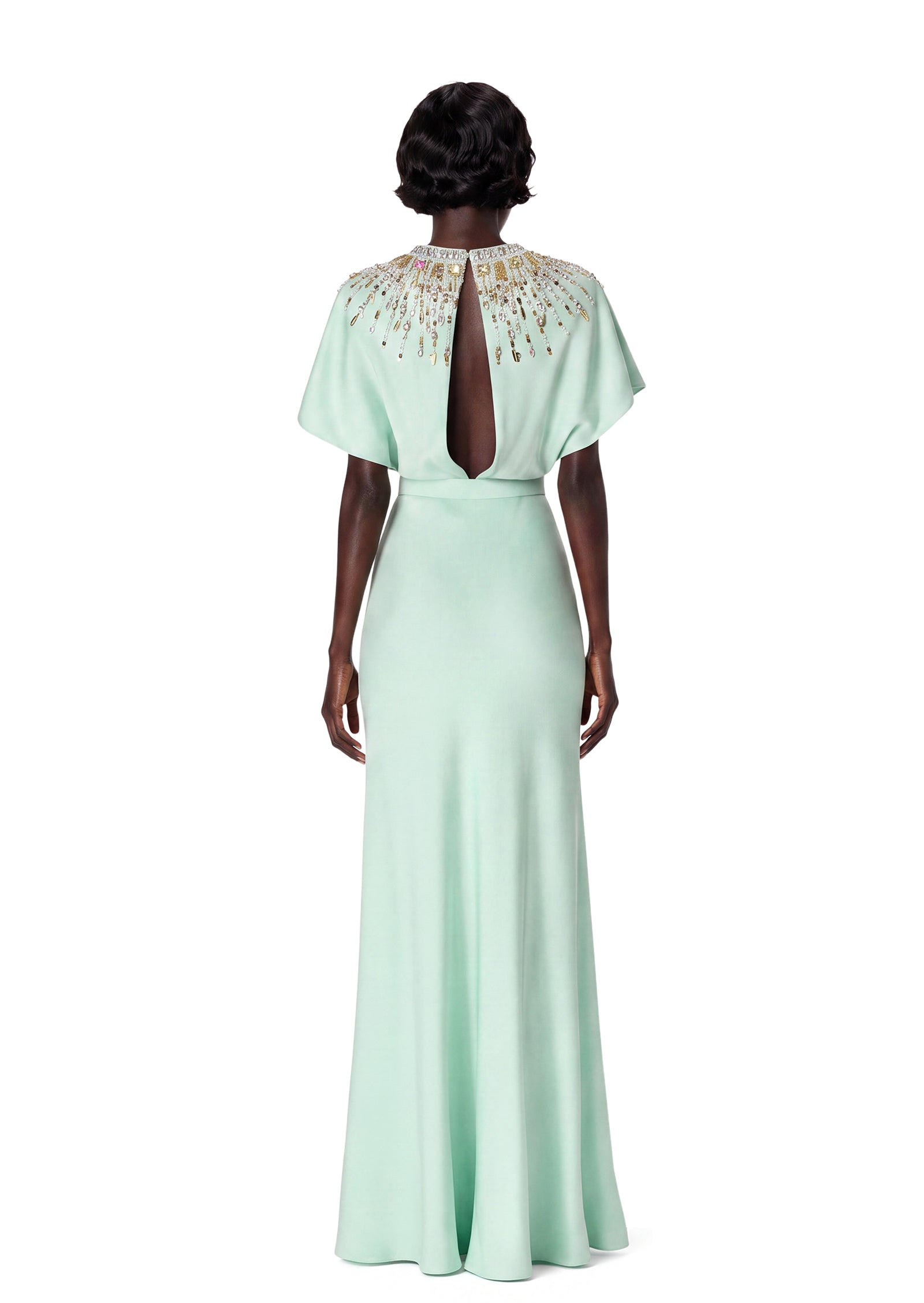 Gaby Short Sleeve Satin Maxi Dress In Green
