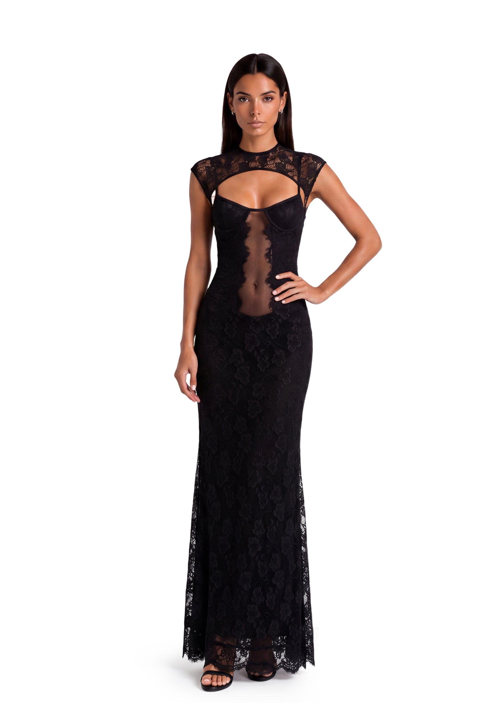 Leehu Lace Sheer Maxi Dress In Black