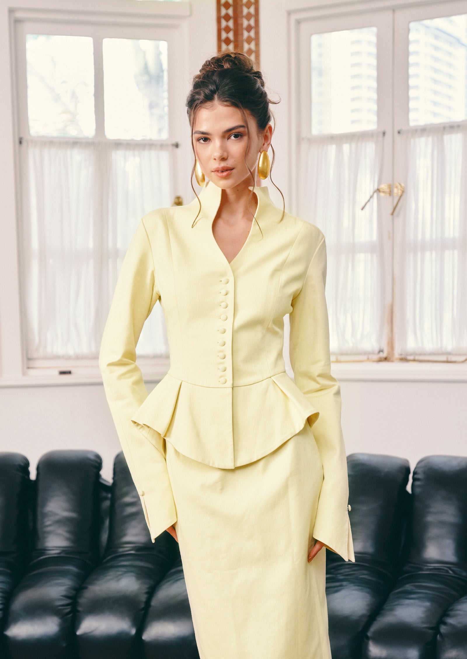 Solid Peplum Jacket & Slit Midi Skirt Set