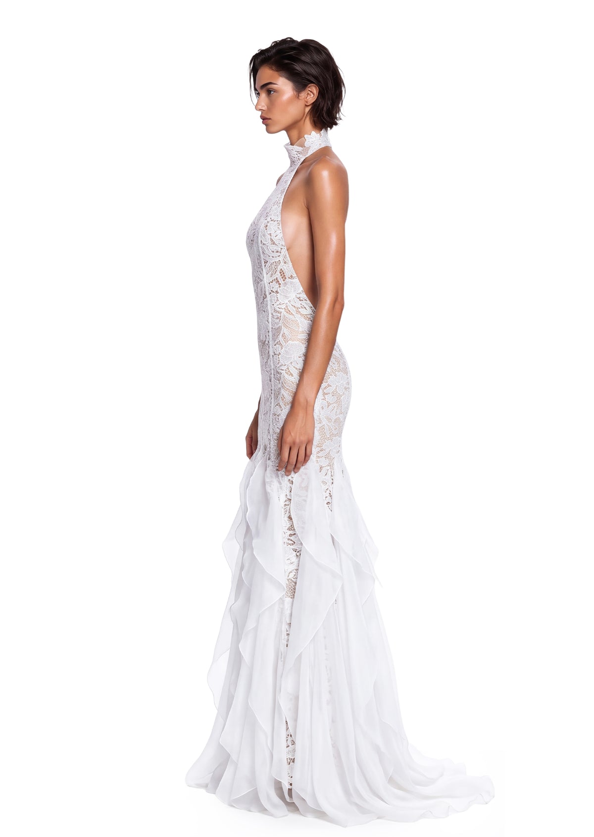 Zareen Halter Neck Ruffled Lace Maxi Dress