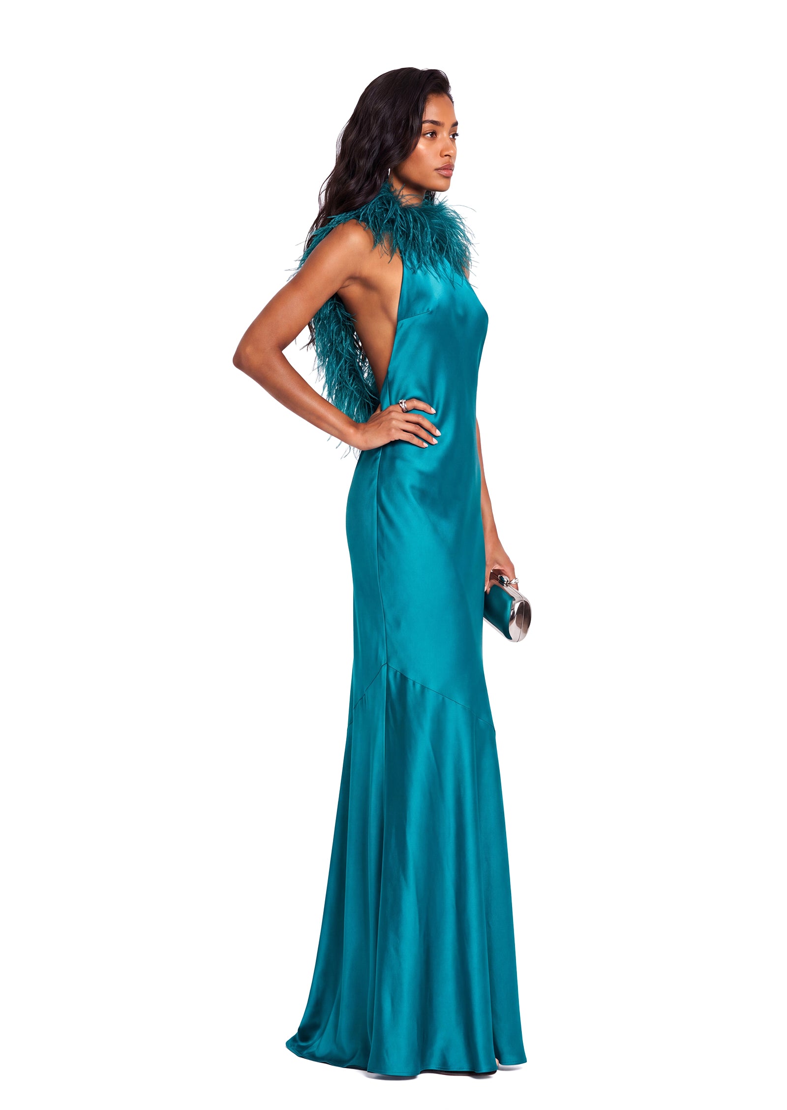 Walden Feather Collar Satin Maxi Dress