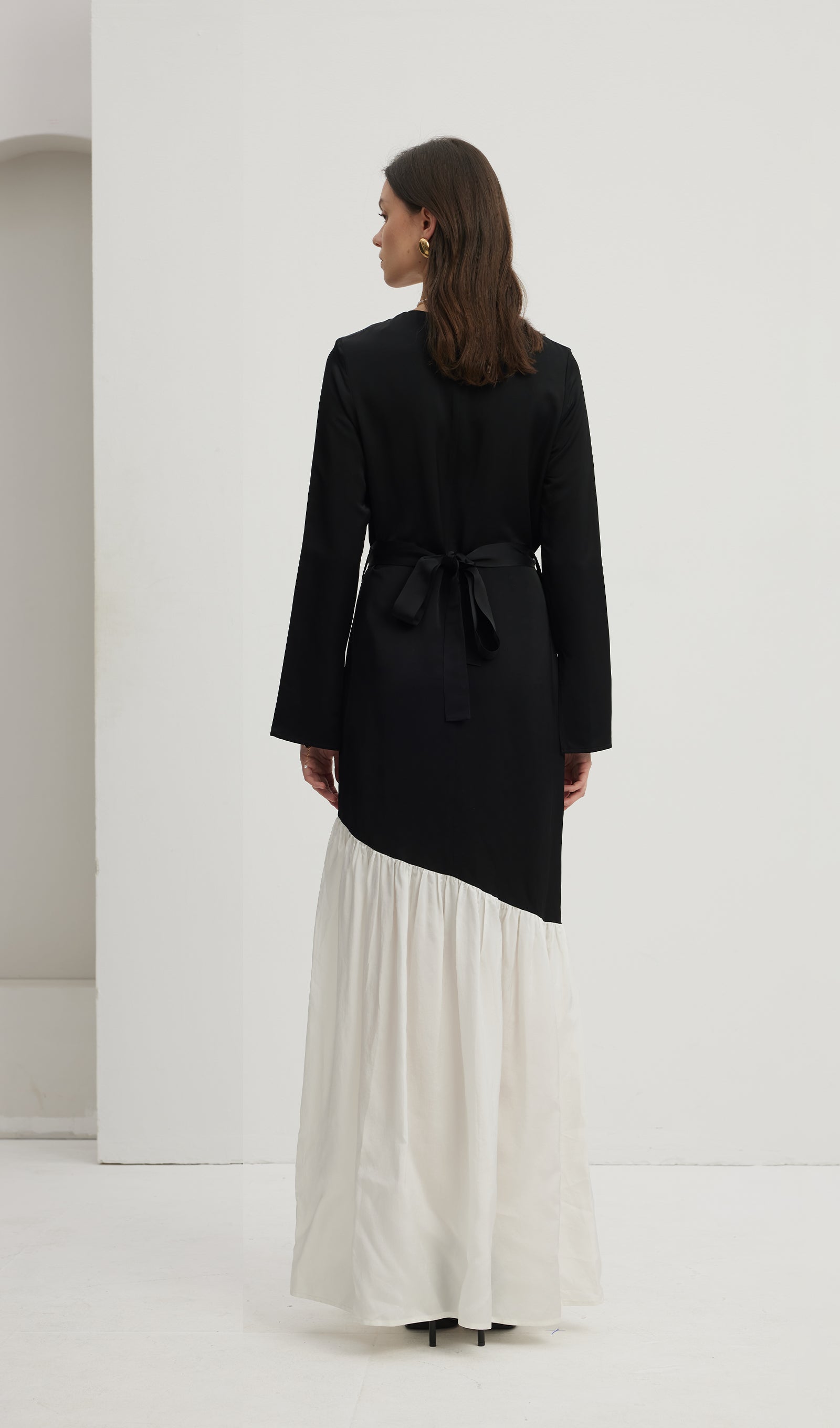 Asymmetrical Black/White Colorblock Maxi Dress