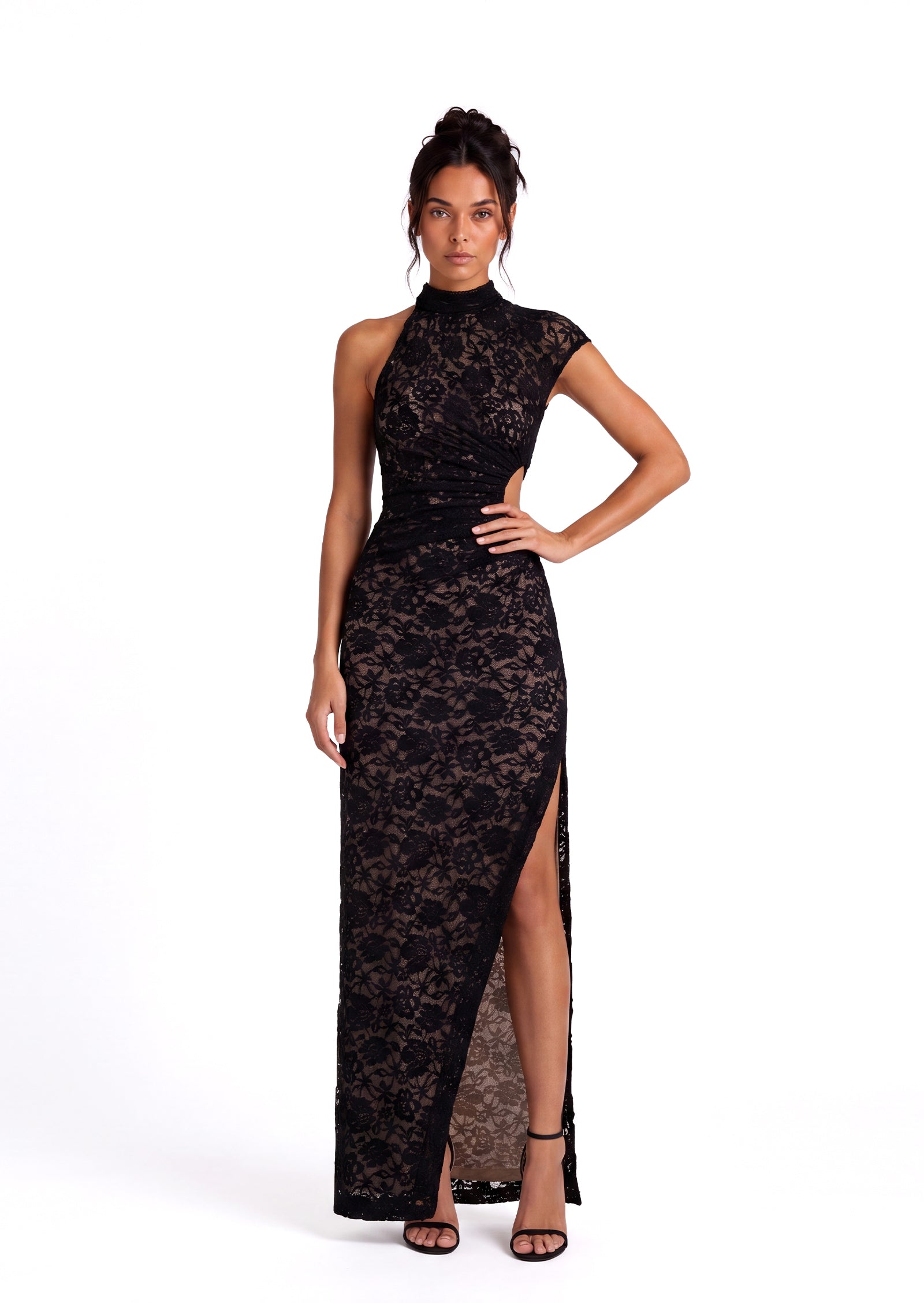 Kahnay  Stand Up Collar Lace Maxi Dress In Black