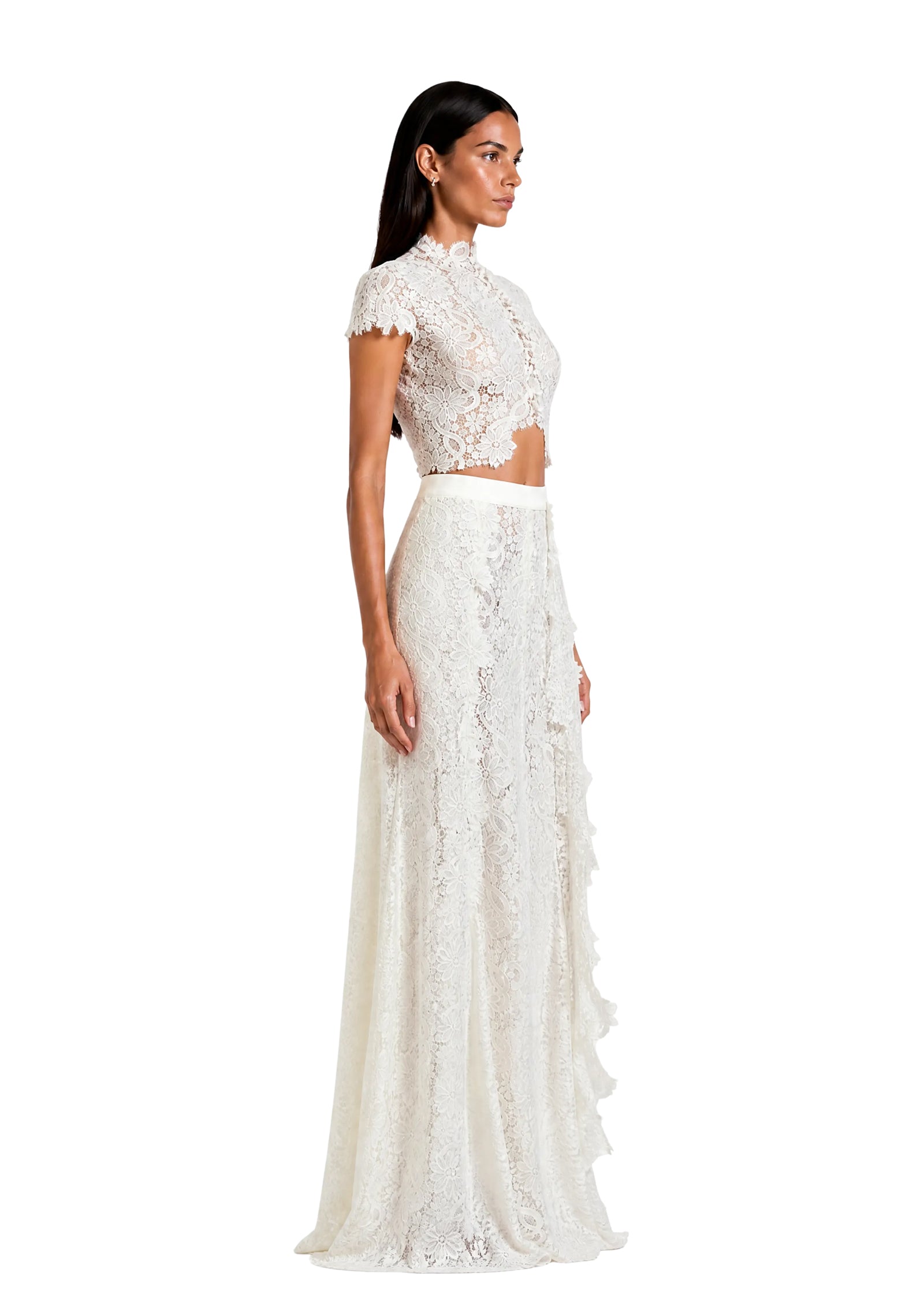 Waiola Long Top & Flared Pants Set In Lace In White