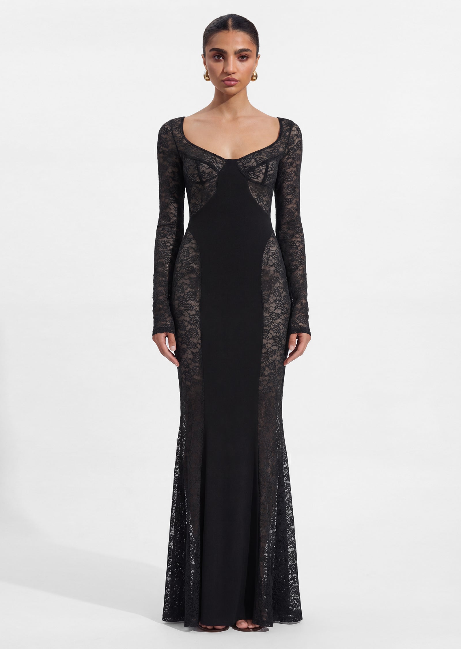 Long Sleeve Lace Panelled Maxi Dress In Black
