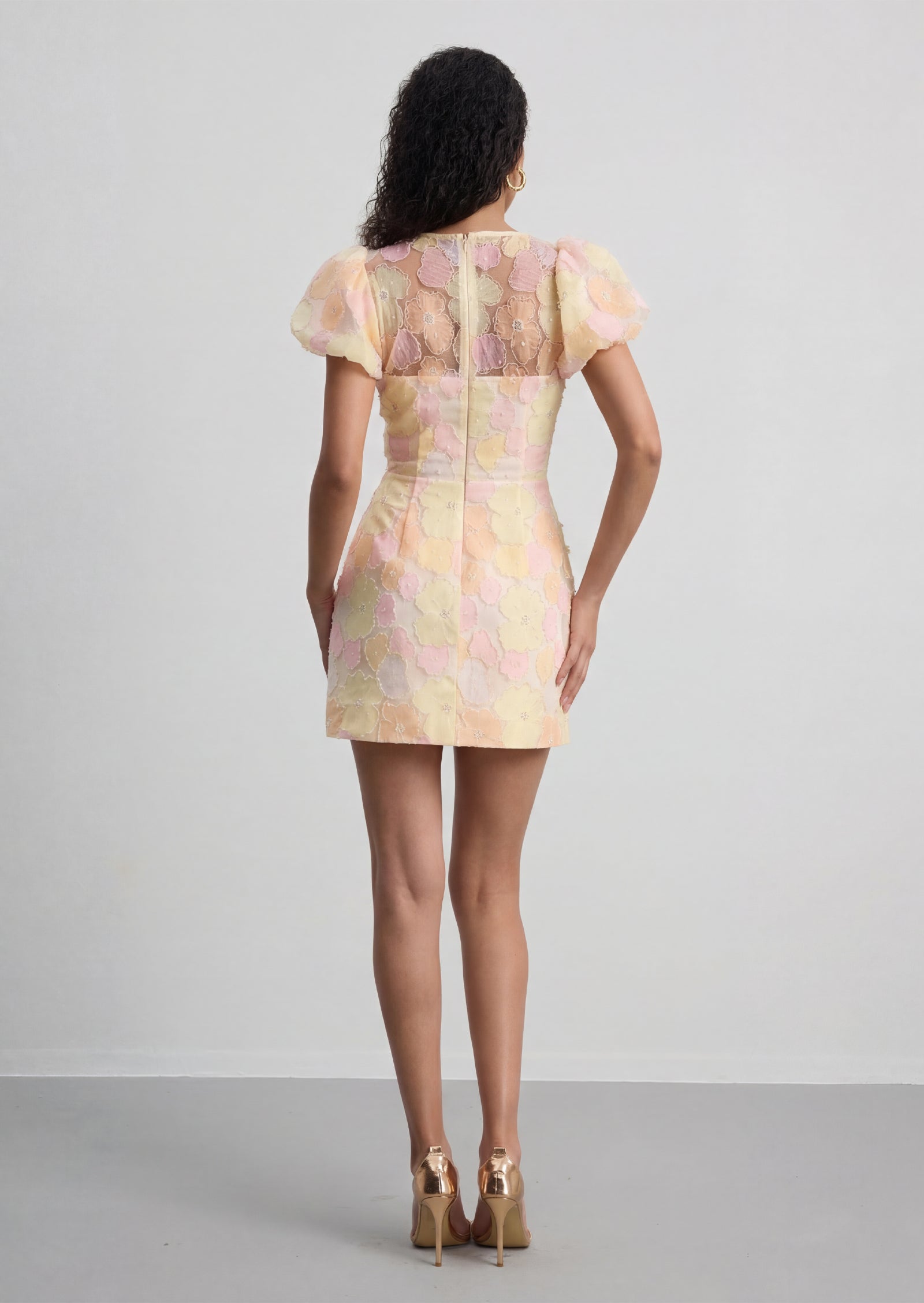 Zaria Floral Puff Sleeve Mini Dress In Yellow