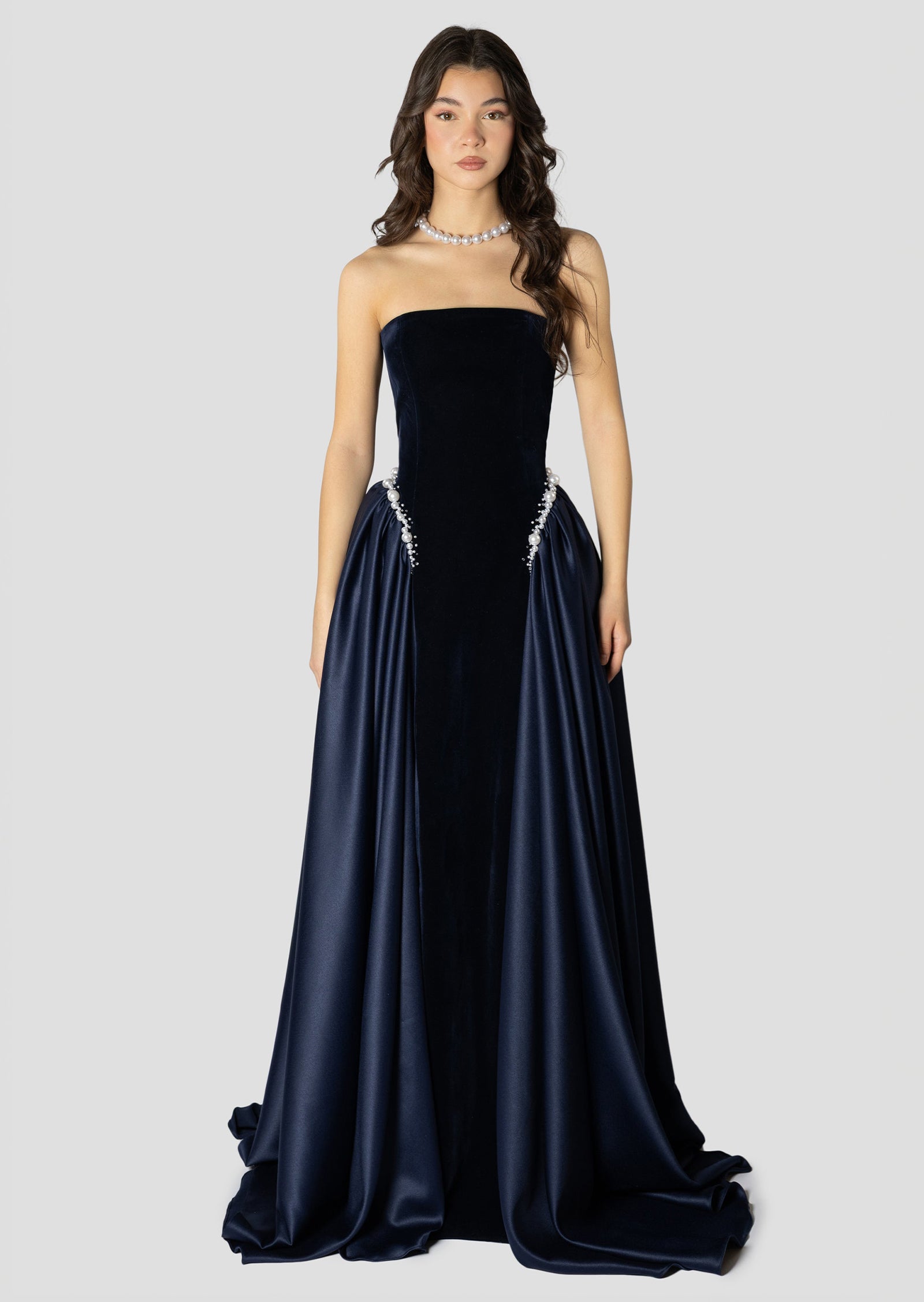 Dark Blue And Pearls Embroidered Dress