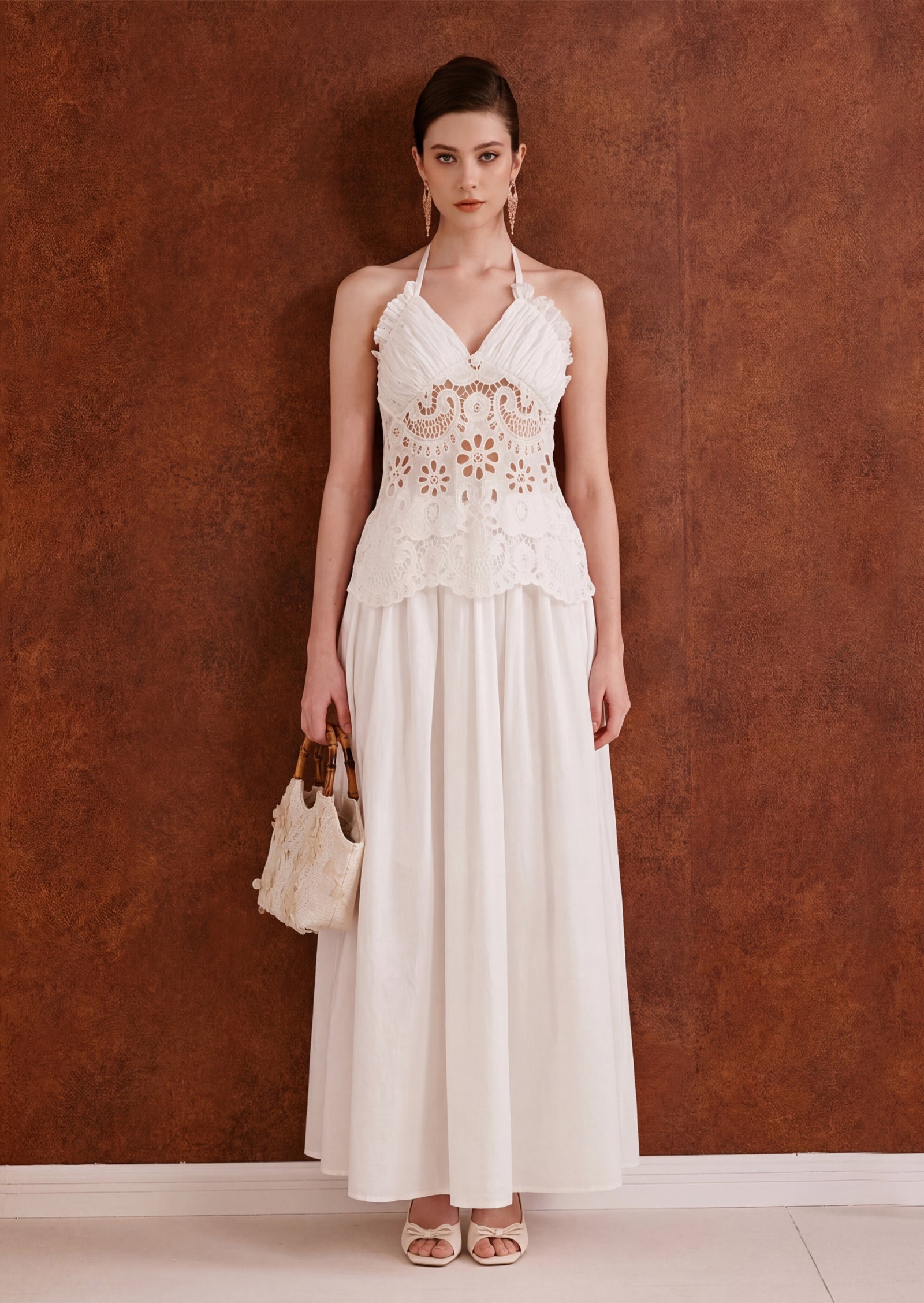 Zion Cut Out Shirred Maxi Skirt Set In White