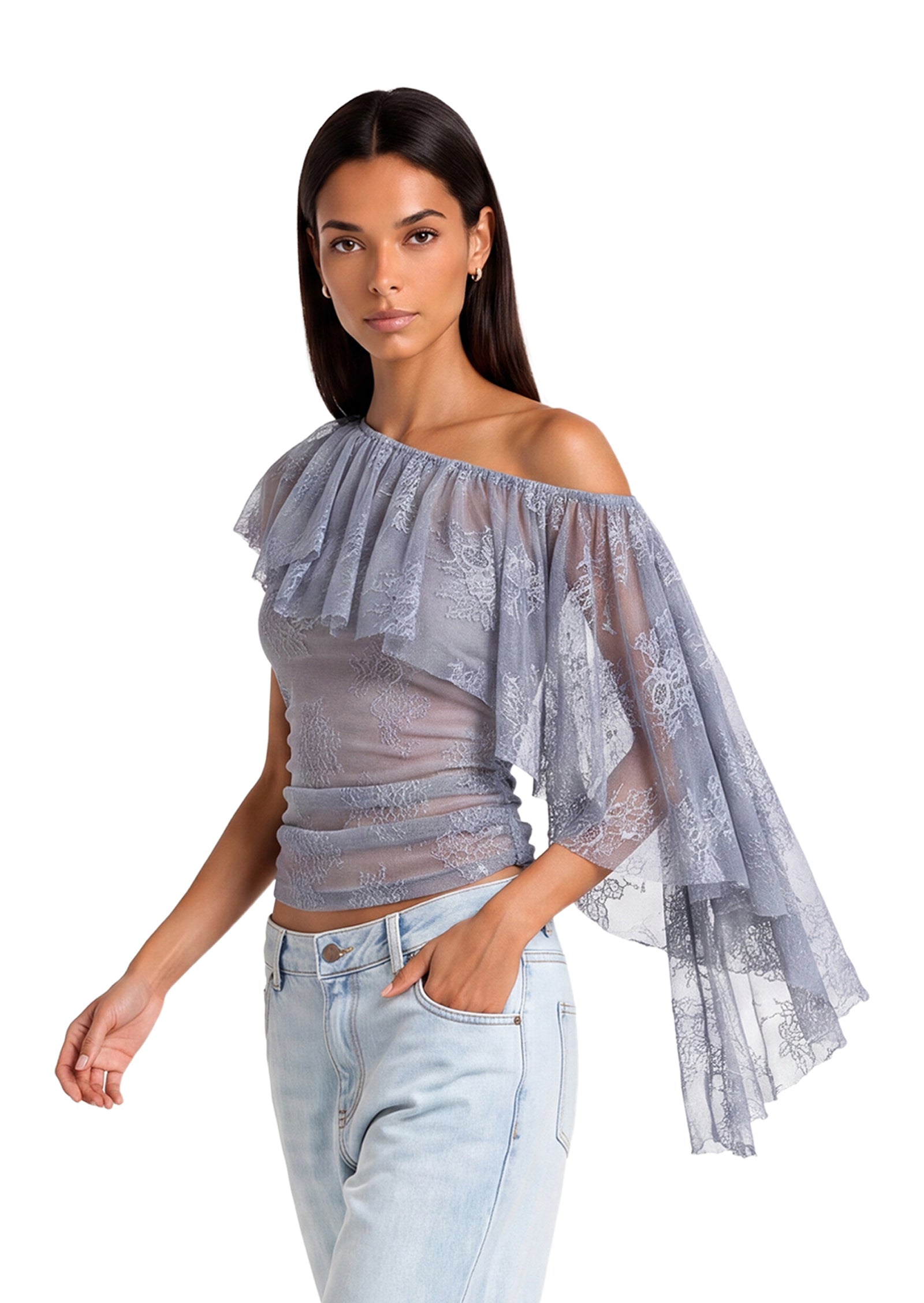 Cait Off Shoulder Ruffled Lace Top In Gray