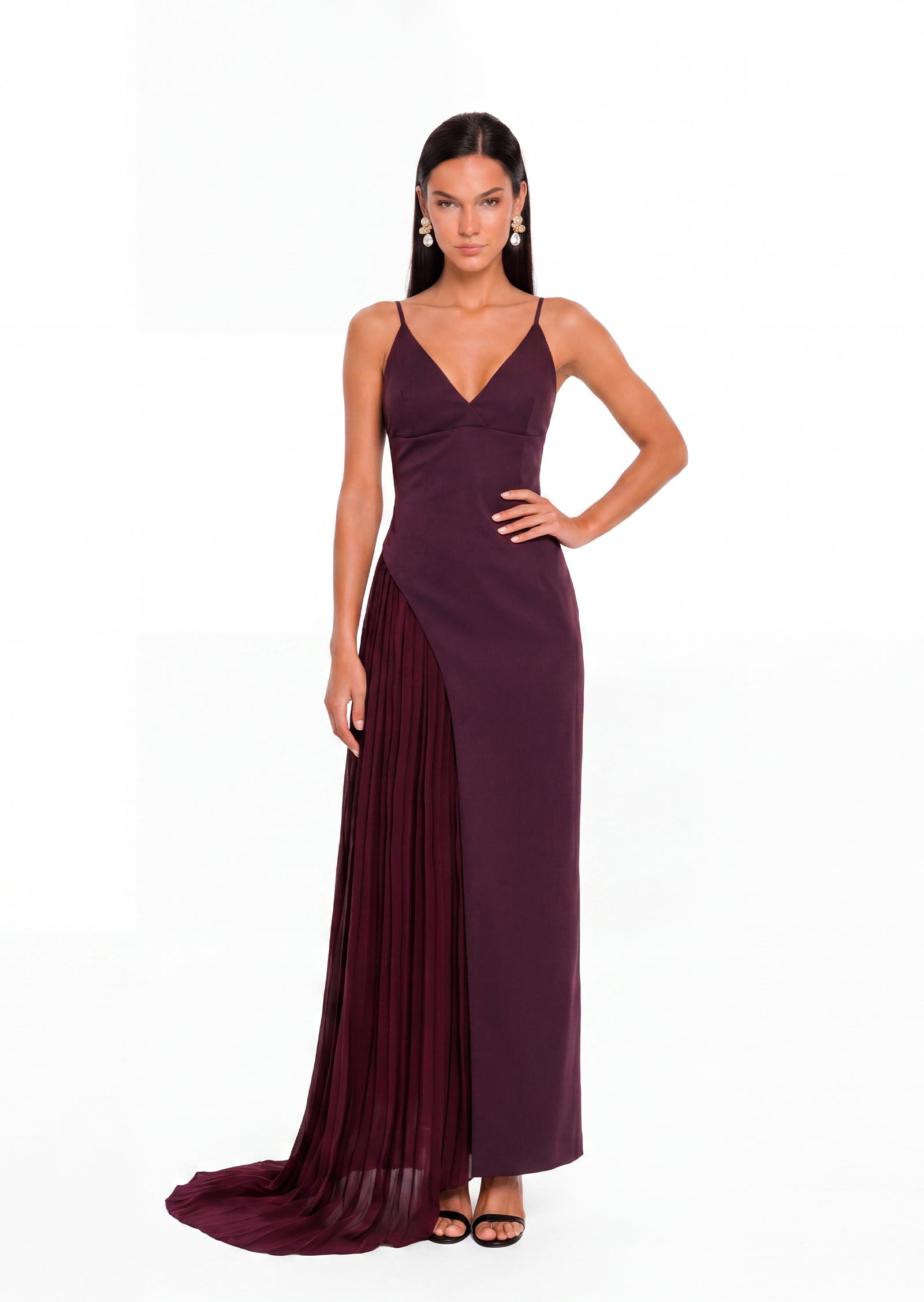 Caius V Neck Pleated Maxi Dress In Plum
