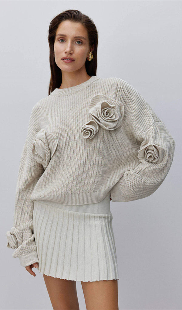 Solid Sweater With Flowers Rose Top