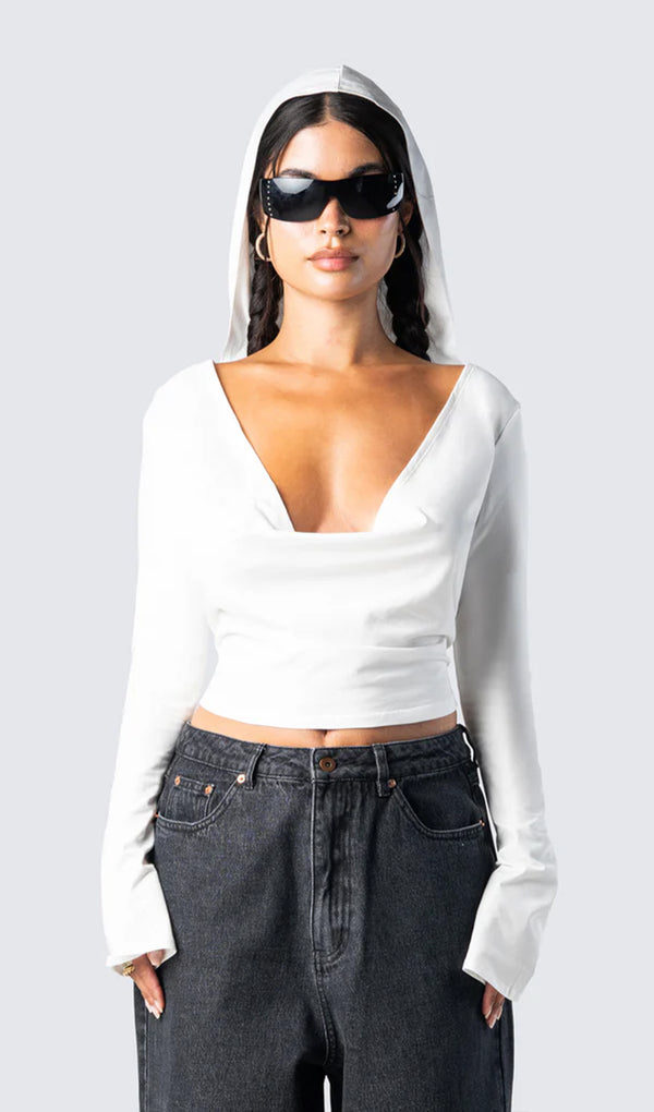 White Knit Hooded Draped Top