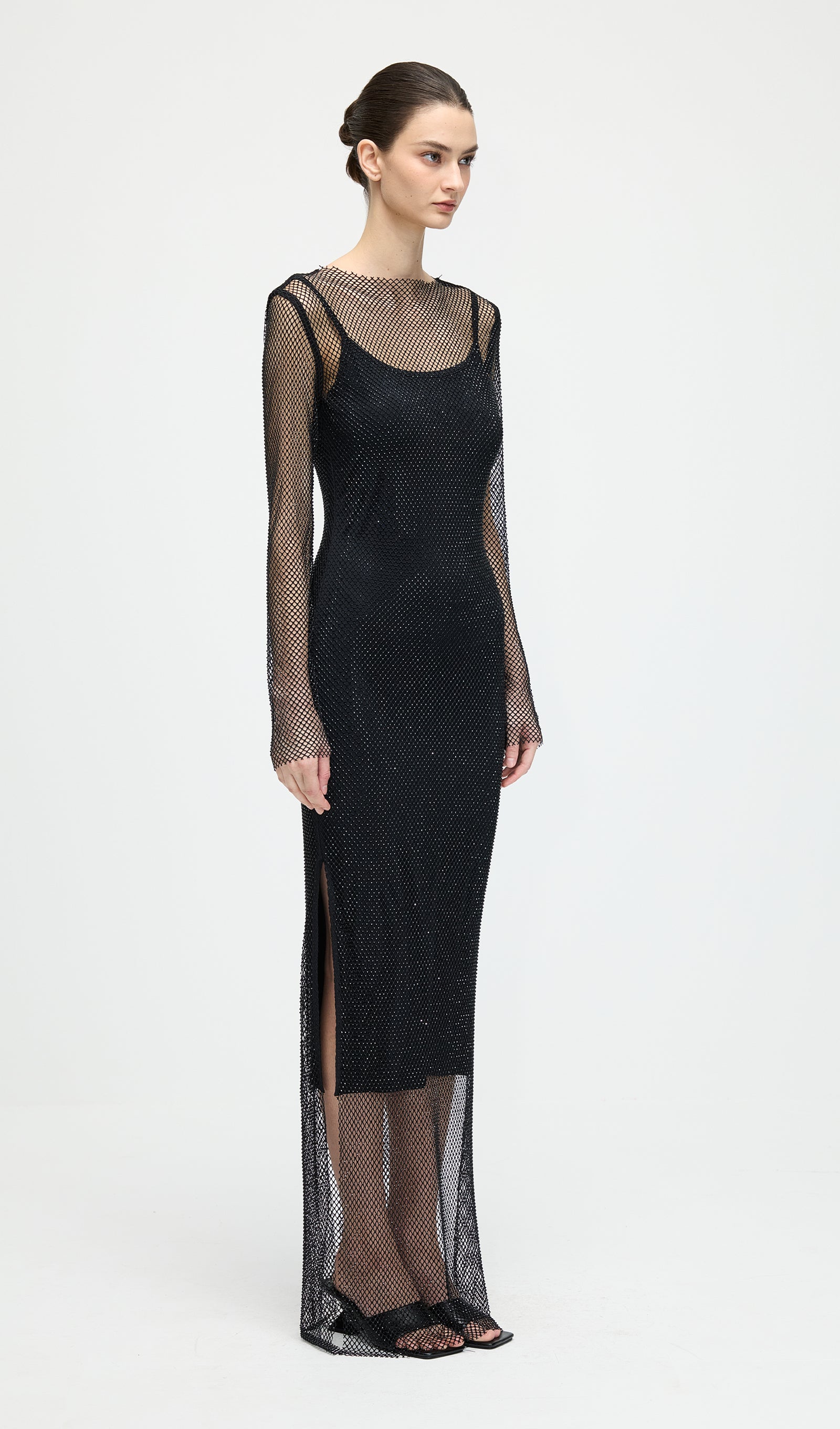 Mesh With Monochrome Maxi Dress In Black