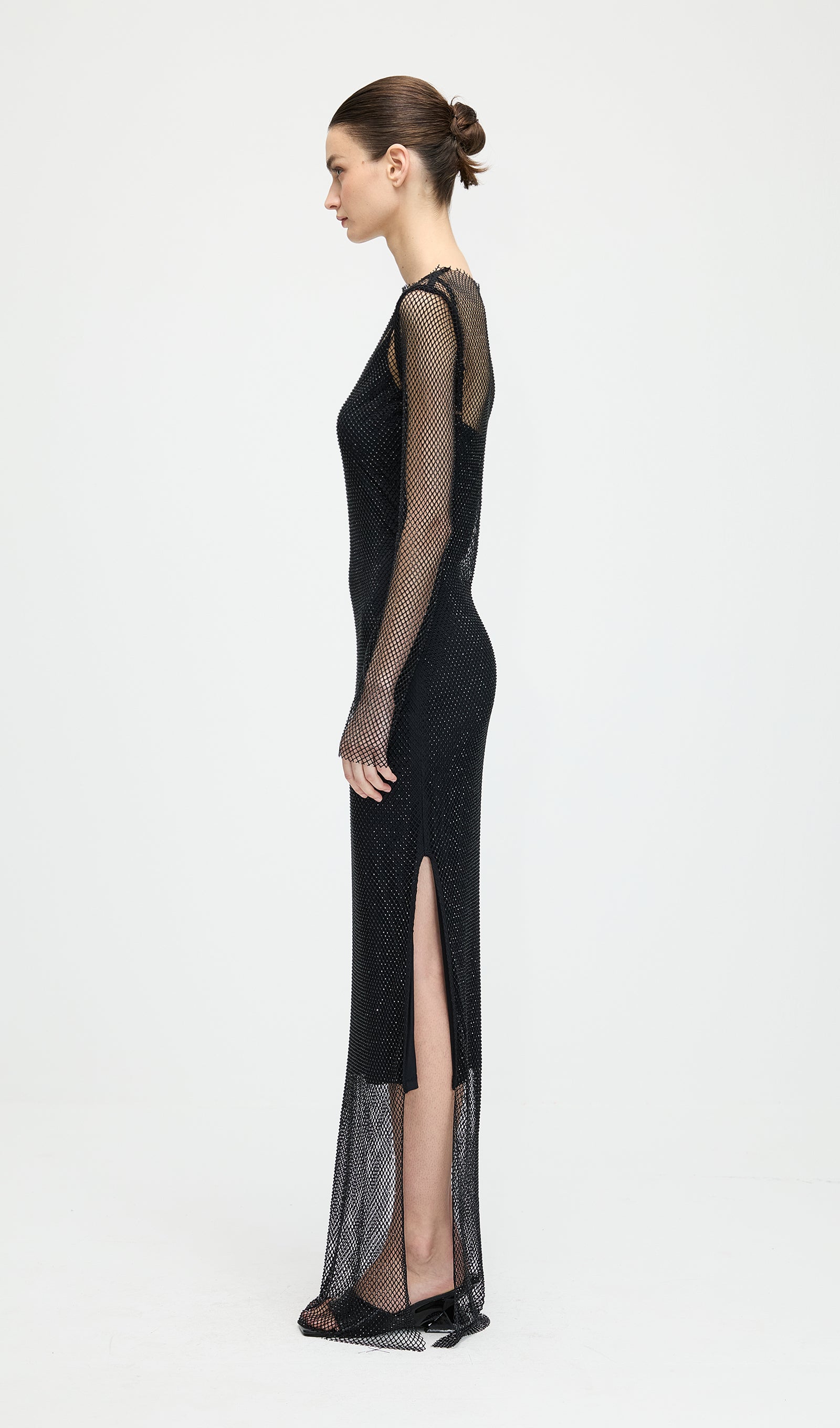 Mesh With Monochrome Maxi Dress In Black
