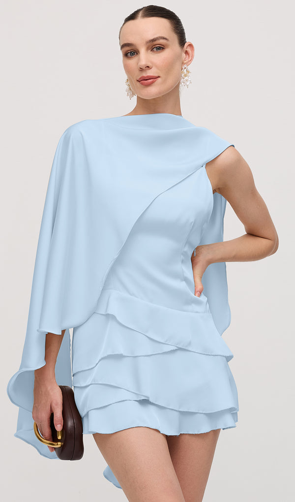 Satin Cape Two Piece Mini Dress In Blue