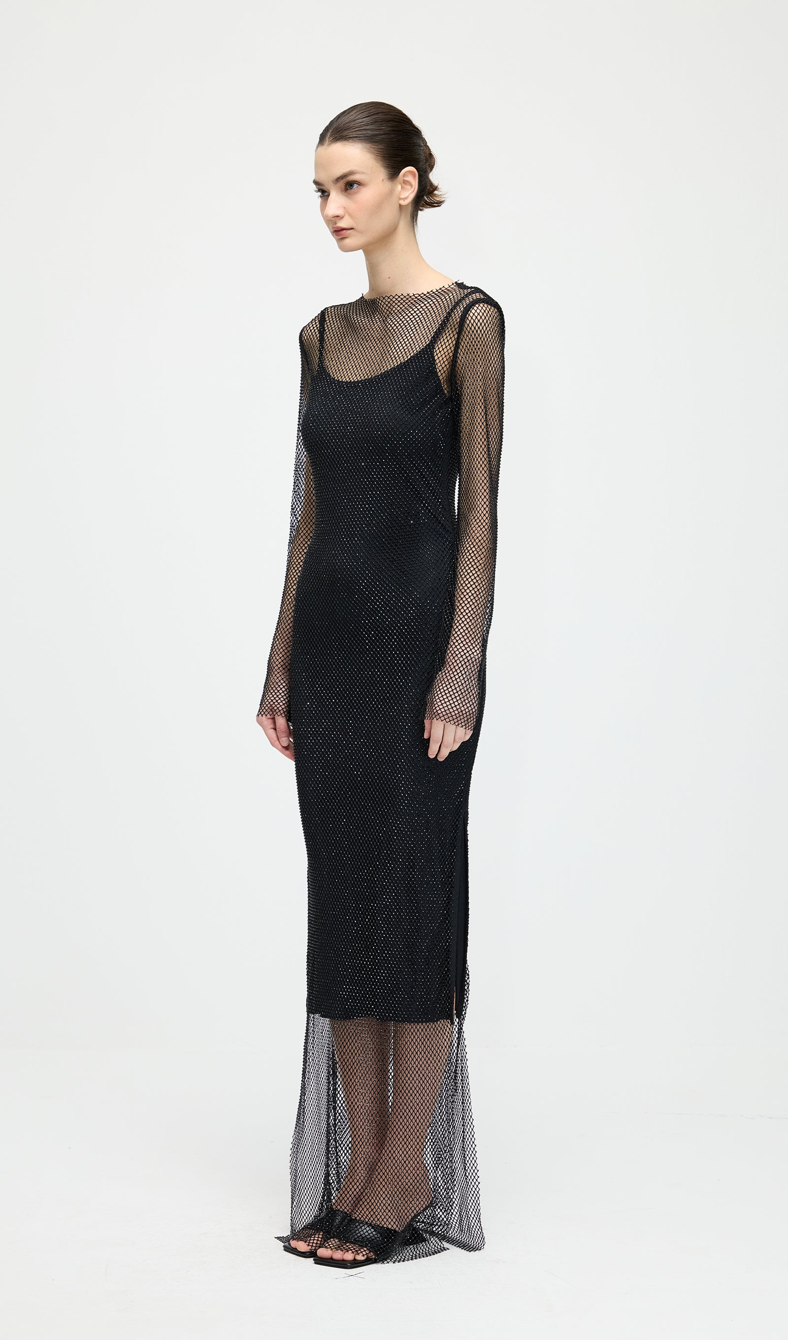 Mesh With Monochrome Maxi Dress In Black