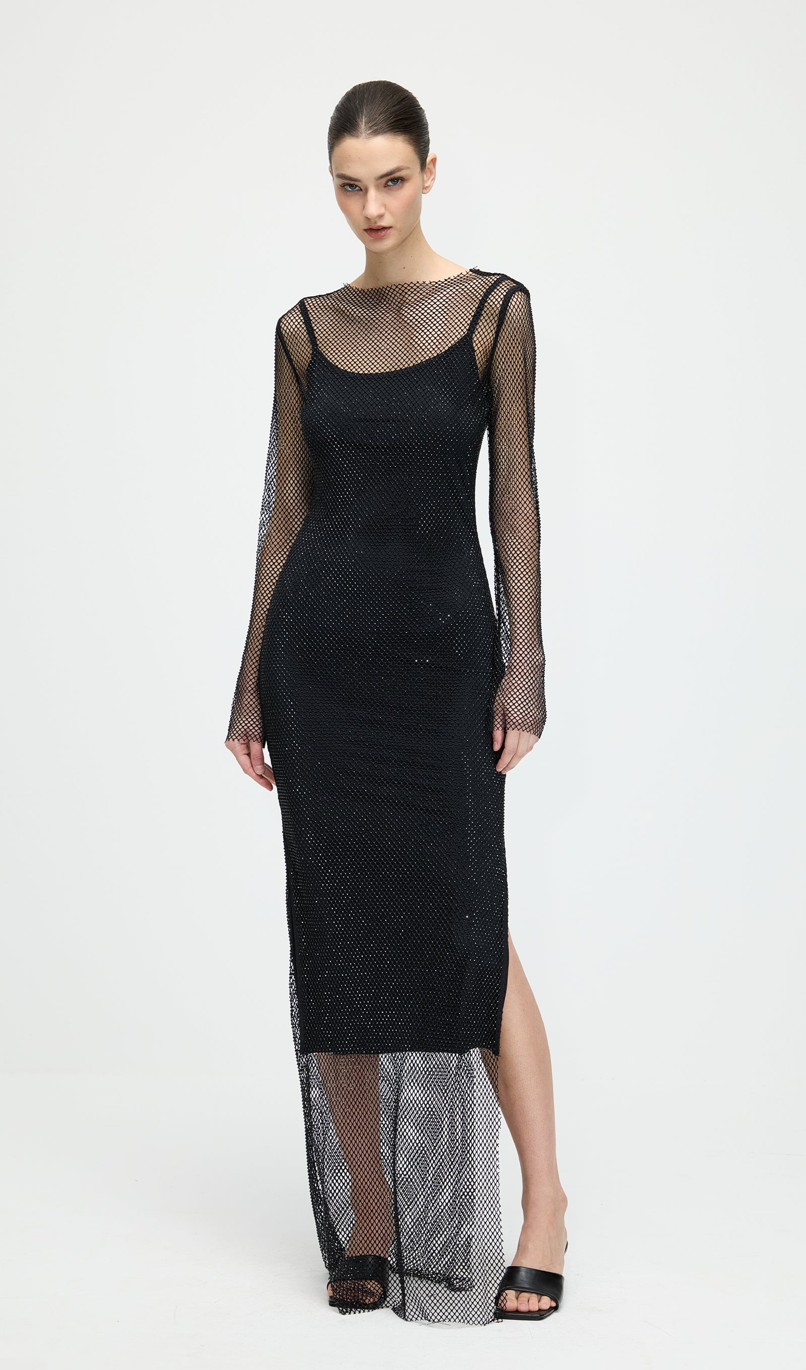 Mesh With Monochrome Maxi Dress In Black