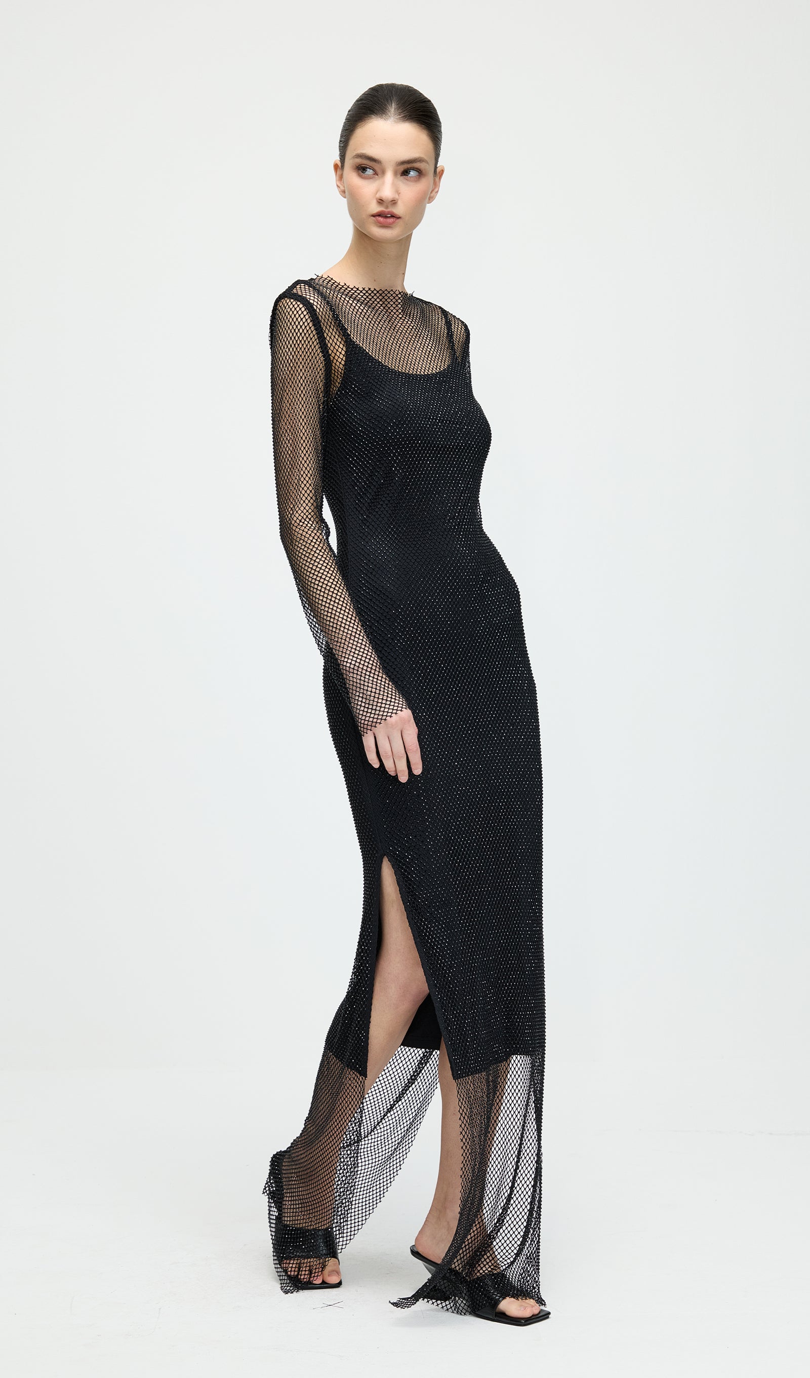 Mesh With Monochrome Maxi Dress In Black