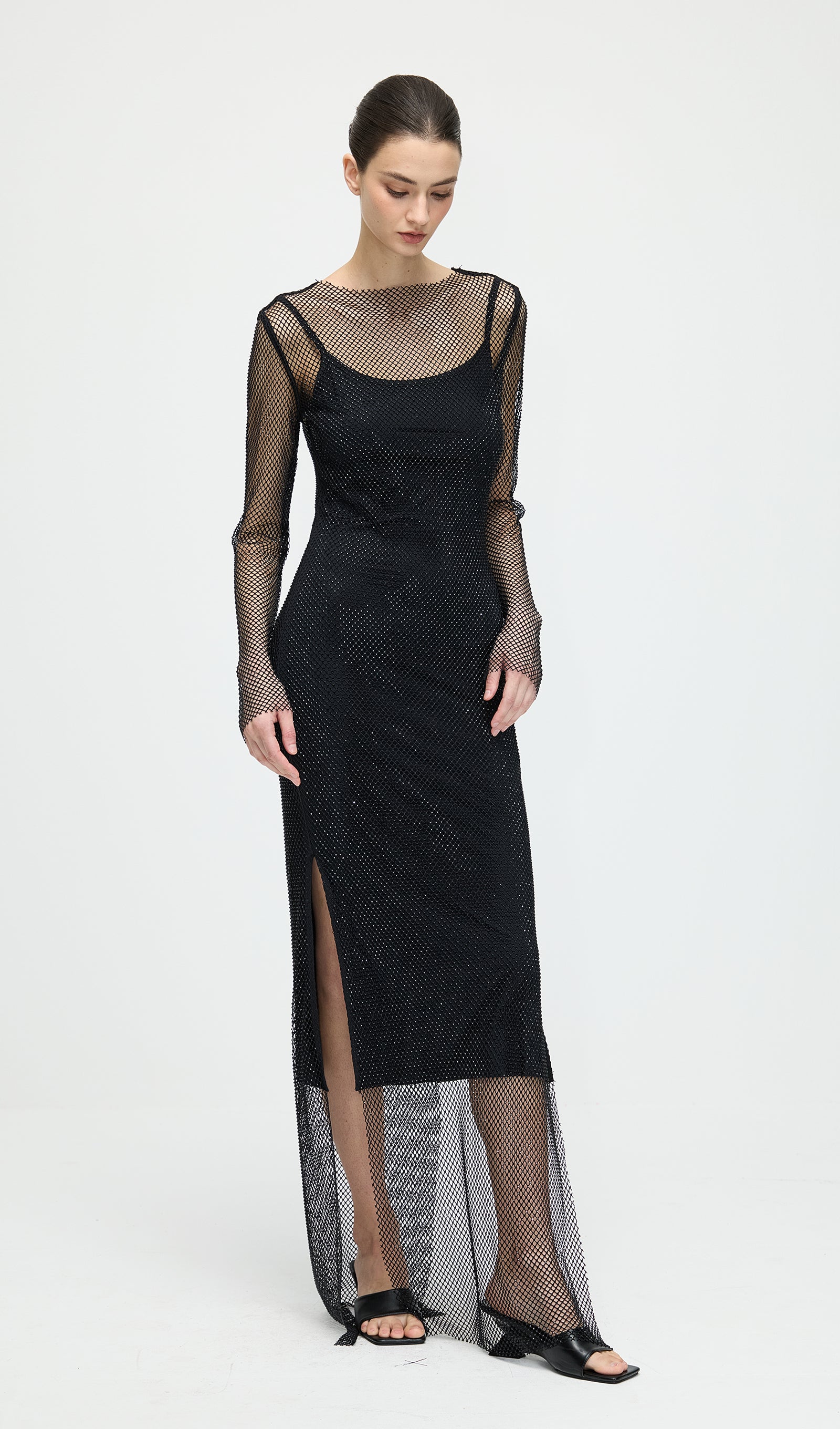 Mesh With Monochrome Maxi Dress In Black
