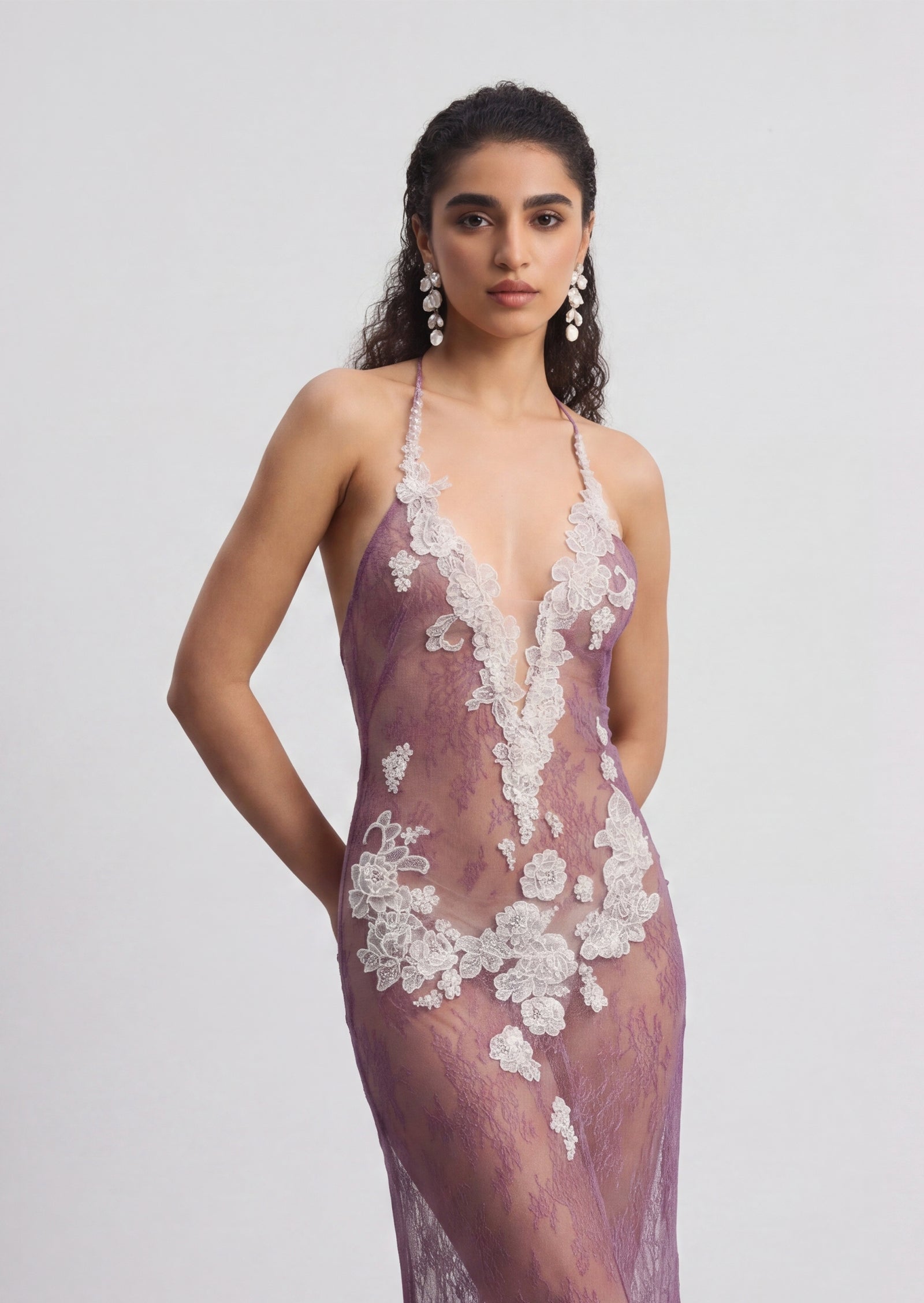 Antheia Sheer Lace Maxi Dress In Light Puple