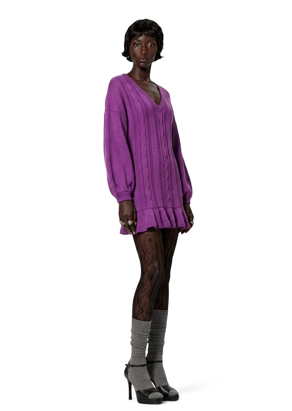 Xanti V Neck Knit Mini Dress In Purple