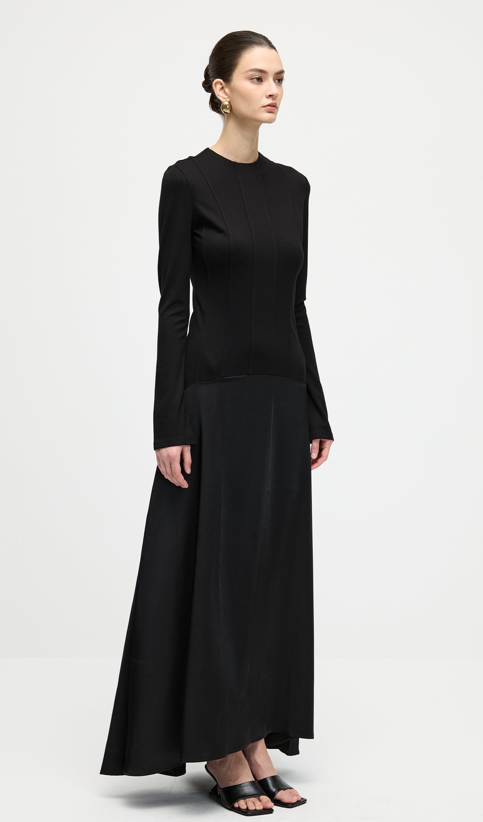 Knitted Satin Maxi Dress In Black