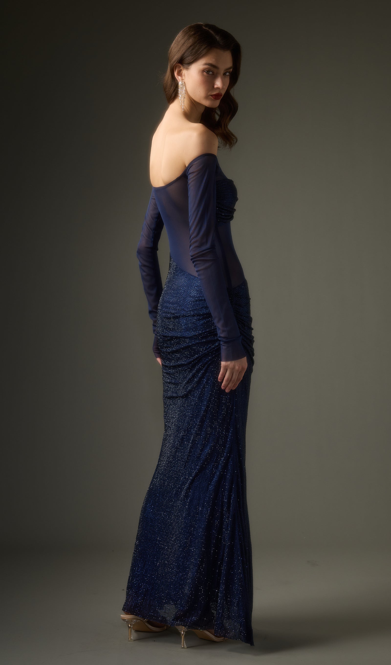Diamante Off Shoulder Maxi Dress In Navy