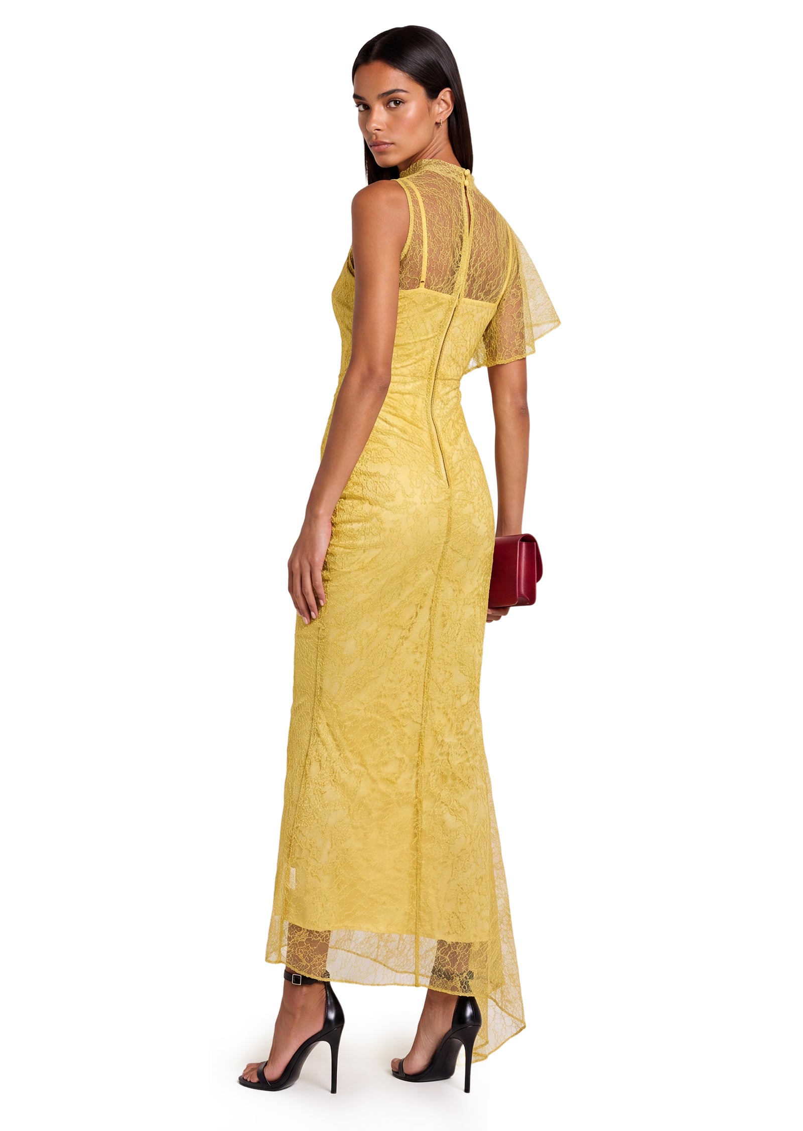 Kabecka One Sleeve Lace Midi Sress In Yellow