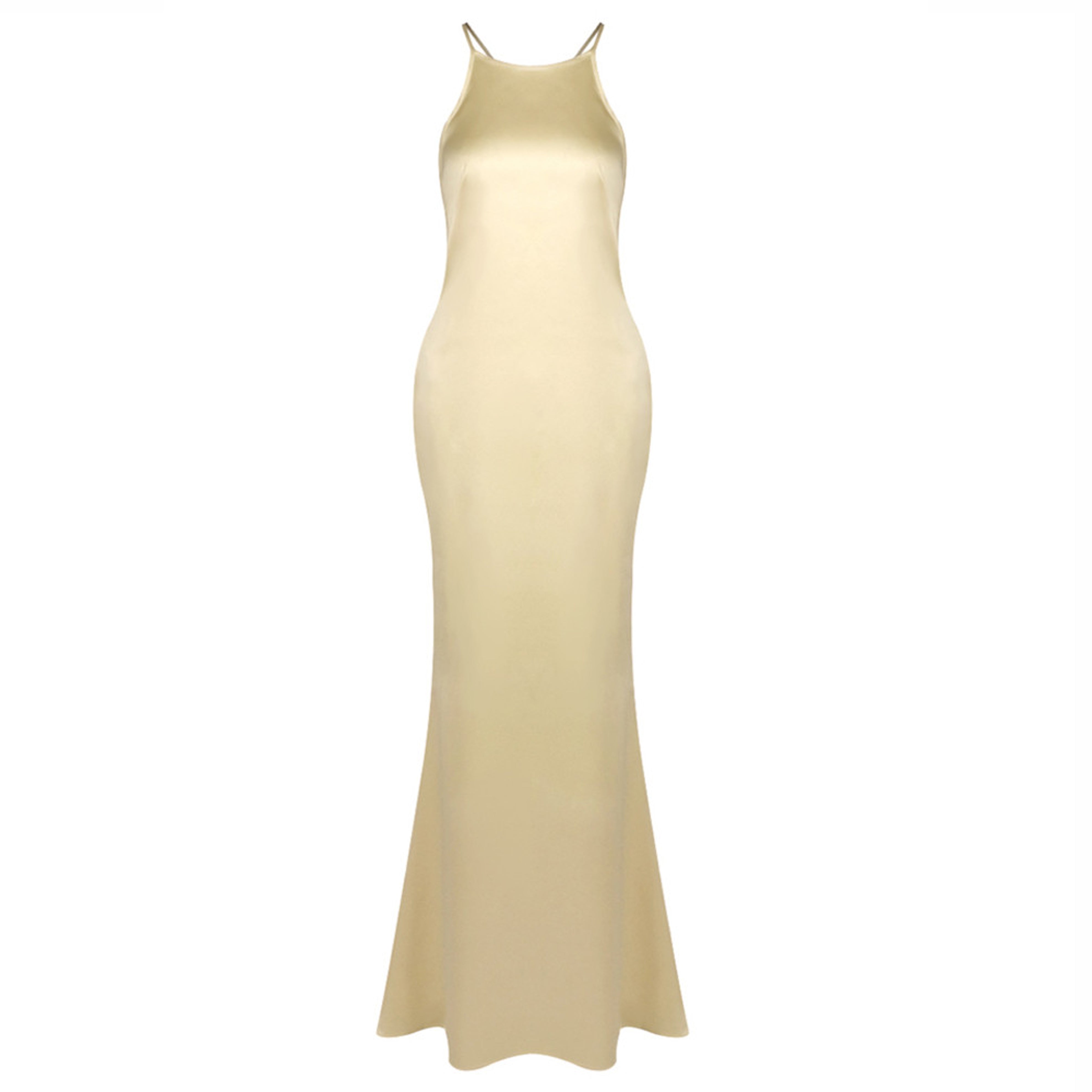 Falan Halter Backless Satin Maxi Dress In Gold