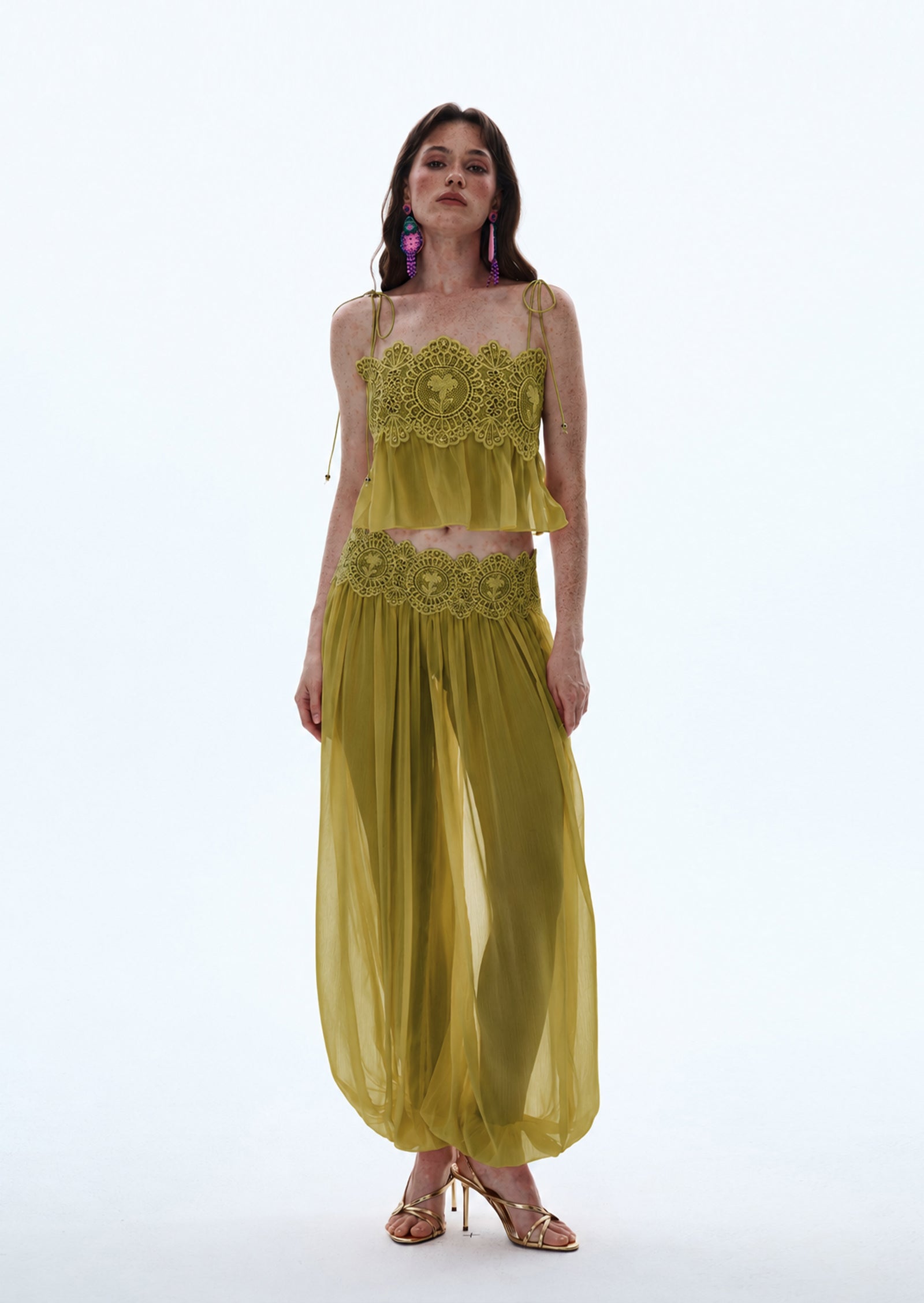 Luenie Chiffon Top & Pant Two Piece Set In Mustard Green