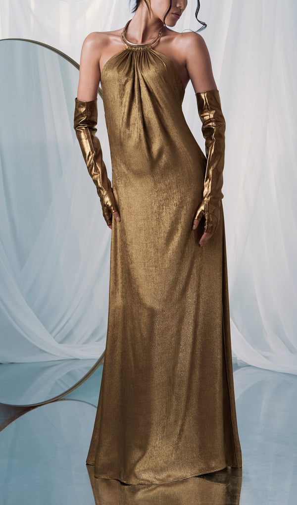 Metallised With Golden Choker Maxi Dress