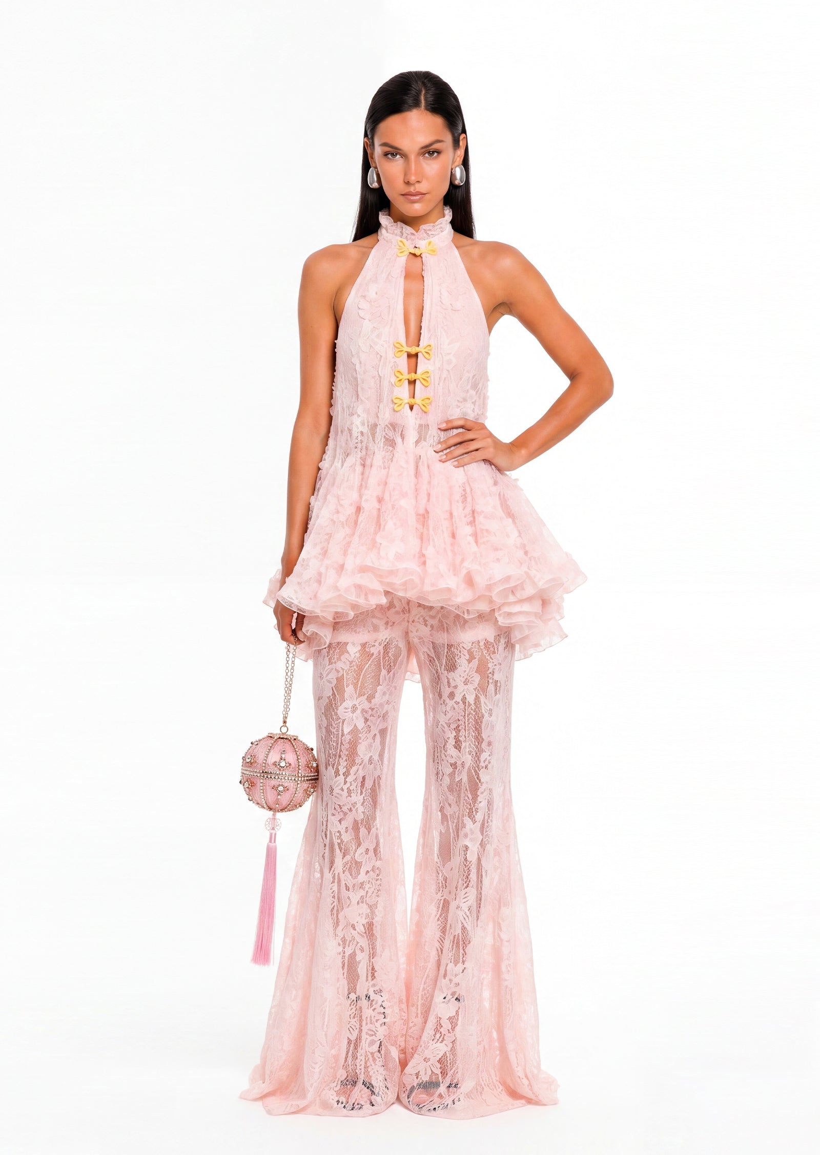 Sylvana Lace Top And Pants Two Piece Set In Pink