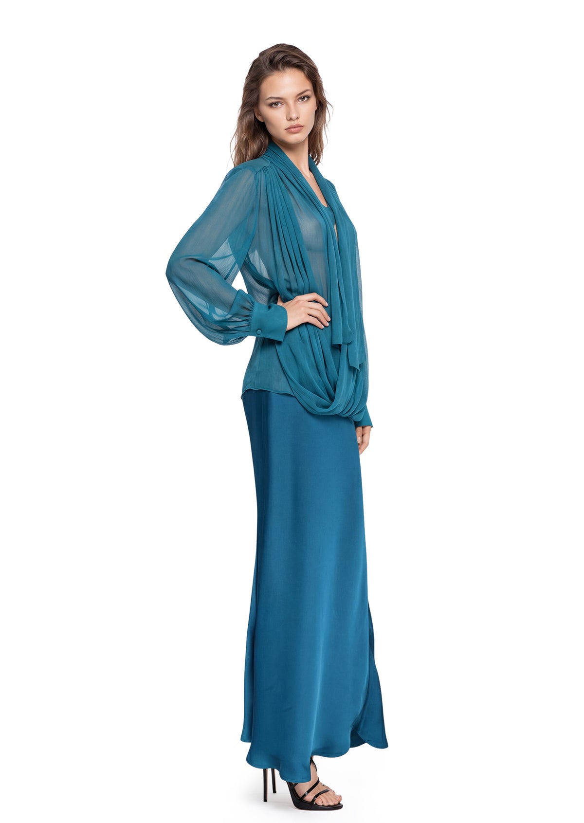 Midikleid in A-Linie mit Blumenmuster und Laternenärmeln