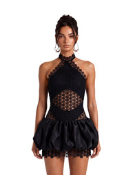 Fauve Lace Trimmed Satin Mini Dress In Black