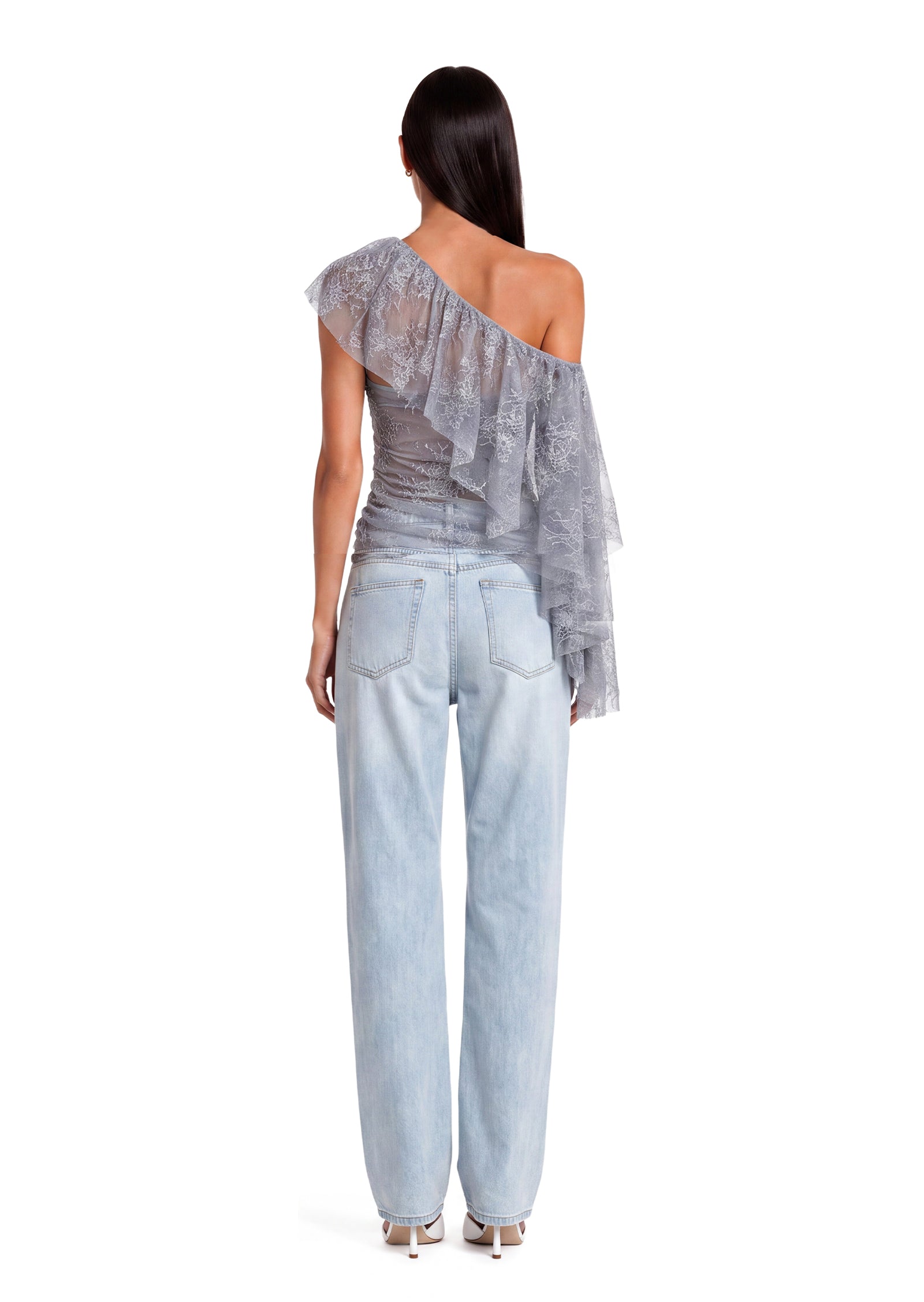 Cait Off Shoulder Ruffled Lace Top In Gray